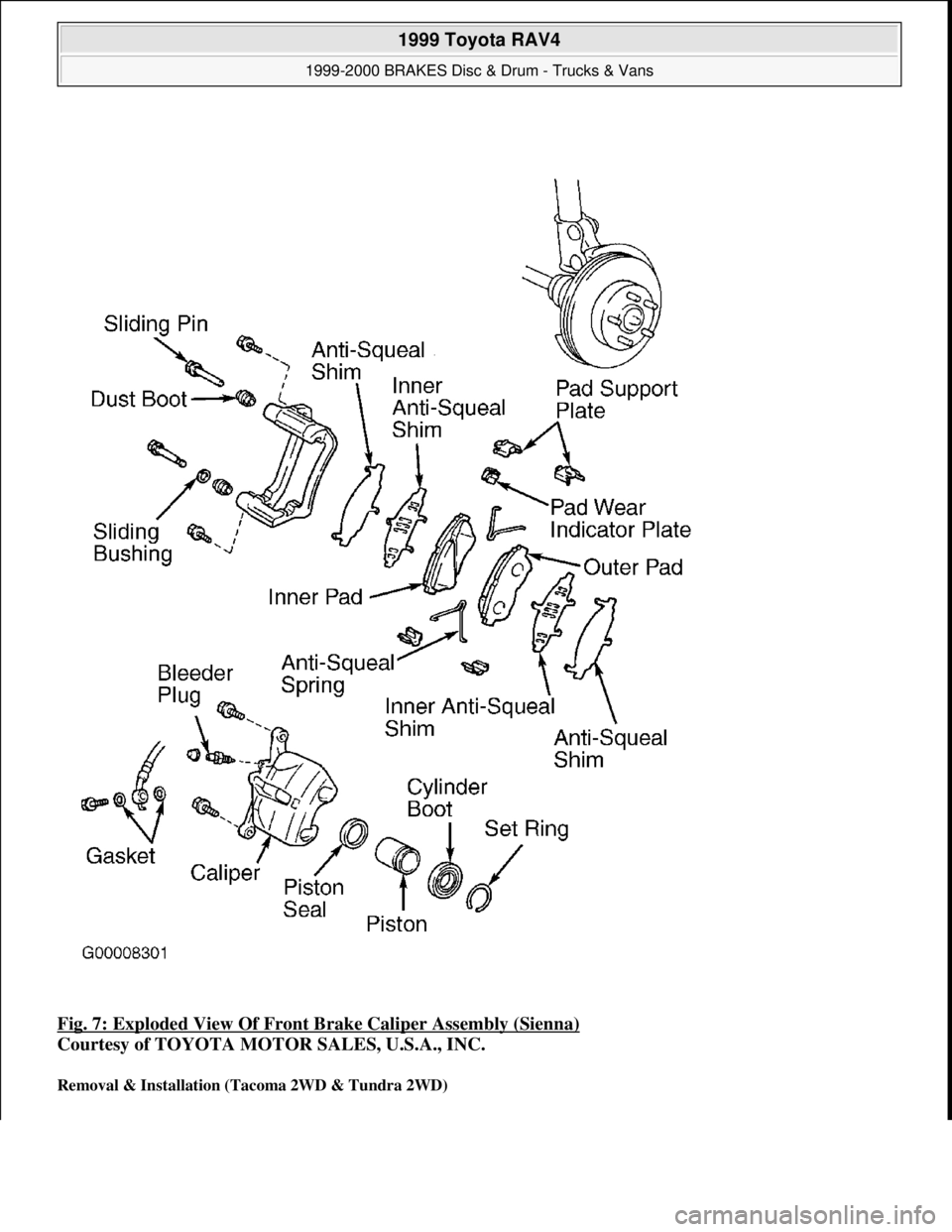 TOYOTA RAV4 1996 Service Repair Manual Fig. 7: Exploded View Of Front Brake Caliper Assembly (Sienna)
Courtesy of TOYOTA MOTOR SALES, U.S.A., INC.
Removal & Installation (Tacoma 2WD & Tundra 2WD)
1999 Toyota RAV4
1999-2000 BRAKES Dis TOYOTA RAV4 1996 Service Repair Manual Fig. 7: Exploded View Of Front Brake Caliper Assembly (Sienna)
Courtesy of TOYOTA MOTOR SALES, U.S.A., INC.
Removal & Installation (Tacoma 2WD & Tundra 2WD)
1999 Toyota RAV4
1999-2000 BRAKES Dis