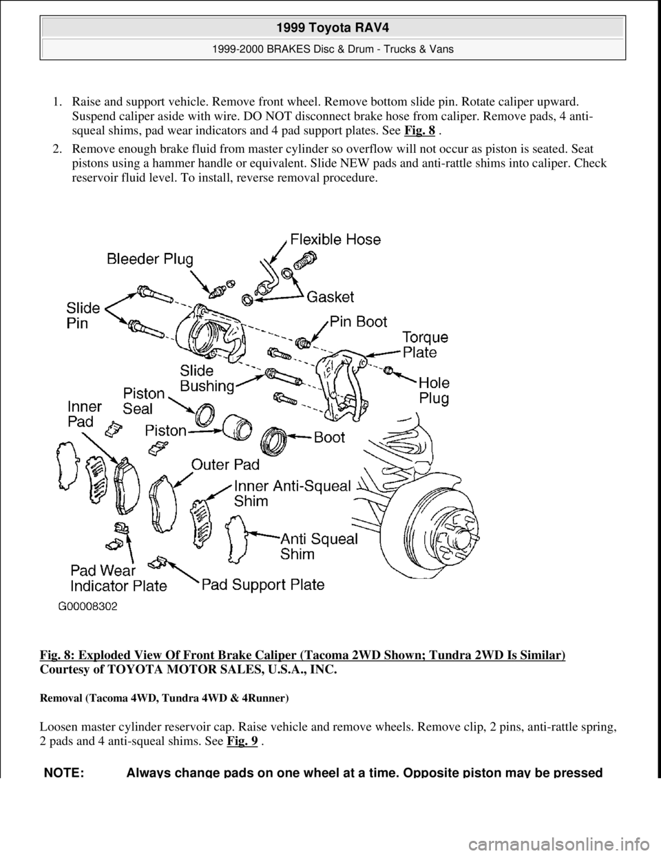 TOYOTA RAV4 1996 Service Repair Manual 1. Raise and support vehicle. Remove front wheel. Remove bottom slide pin. Rotate caliper upward.
Suspend caliper aside with wire. DO NOT disconnect brake hose from caliper. Remove pads, 4 anti-
sque TOYOTA RAV4 1996 Service Repair Manual 1. Raise and support vehicle. Remove front wheel. Remove bottom slide pin. Rotate caliper upward.
Suspend caliper aside with wire. DO NOT disconnect brake hose from caliper. Remove pads, 4 anti-
sque