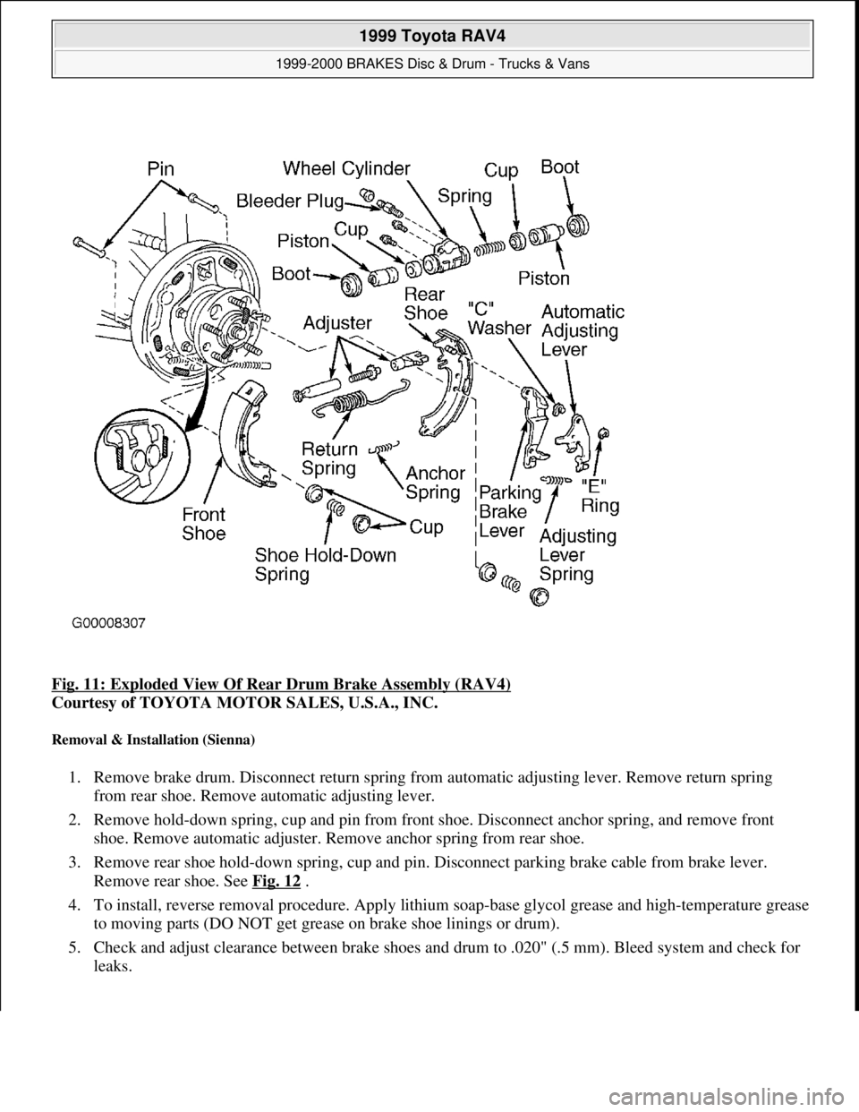TOYOTA RAV4 1996 Service Repair Manual Fig. 11: Exploded View Of Rear Drum Brake Assembly (RAV4)
Courtesy of TOYOTA MOTOR SALES, U.S.A., INC.
Removal & Installation (Sienna)
1. Remove brake drum. Disconnect return spring from automatic TOYOTA RAV4 1996 Service Repair Manual Fig. 11: Exploded View Of Rear Drum Brake Assembly (RAV4)
Courtesy of TOYOTA MOTOR SALES, U.S.A., INC.
Removal & Installation (Sienna)
1. Remove brake drum. Disconnect return spring from automatic