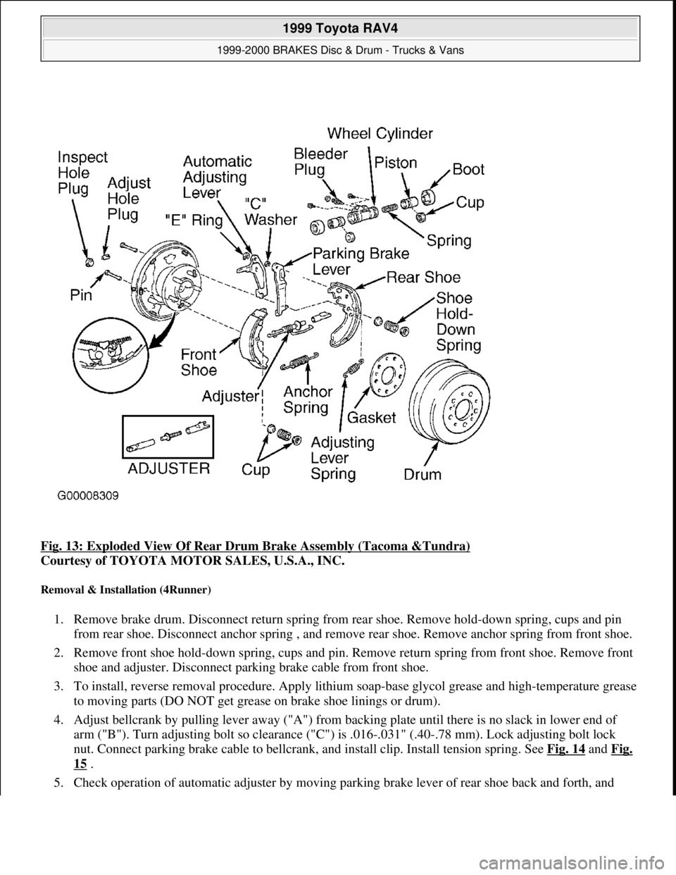 TOYOTA RAV4 1996  Service Repair Manual Fig. 13: Exploded View Of Rear Drum Brake Assembly (Tacoma &Tundra) 
Courtesy of TOYOTA MOTOR SALES, U.S.A., INC. 
Removal & Installation (4Runner) 
1. Remove brake drum. Disconnect return spring from