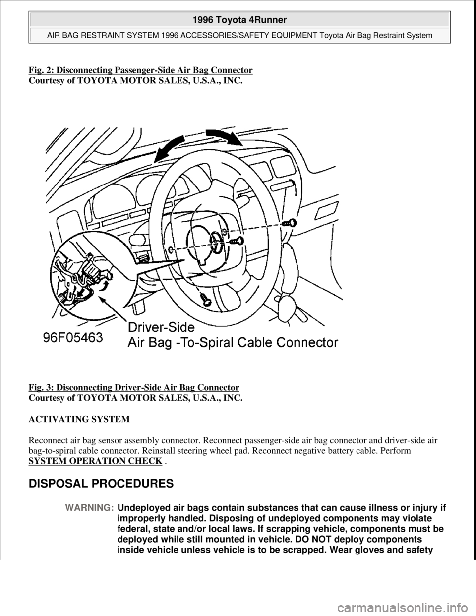 TOYOTA RAV4 1996  Service Repair Manual Fig. 2: Disconnecting Passenger-Side Air Bag Connector
Courtesy of TOYOTA MOTOR SALES, U.S.A., INC. 
Fig. 3: Disconnecting Driver
-Side Air Bag Connector 
Courtesy of TOYOTA MOTOR SALES, U.S.A., INC. 