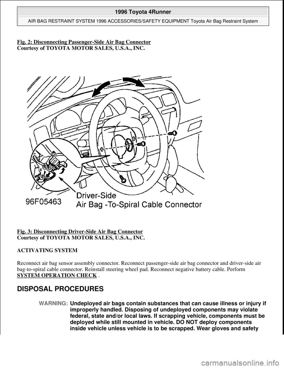 TOYOTA RAV4 1996 Service Owners Guide Fig. 2: Disconnecting Passenger-Side Air Bag Connector
Courtesy of TOYOTA MOTOR SALES, U.S.A., INC.
Fig. 3: Disconnecting Driver
-Side Air Bag Connector
Courtesy of TOYOTA MOTOR SALES, U.S.A., INC. TOYOTA RAV4 1996 Service Owners Guide Fig. 2: Disconnecting Passenger-Side Air Bag Connector
Courtesy of TOYOTA MOTOR SALES, U.S.A., INC.
Fig. 3: Disconnecting Driver
-Side Air Bag Connector
Courtesy of TOYOTA MOTOR SALES, U.S.A., INC.