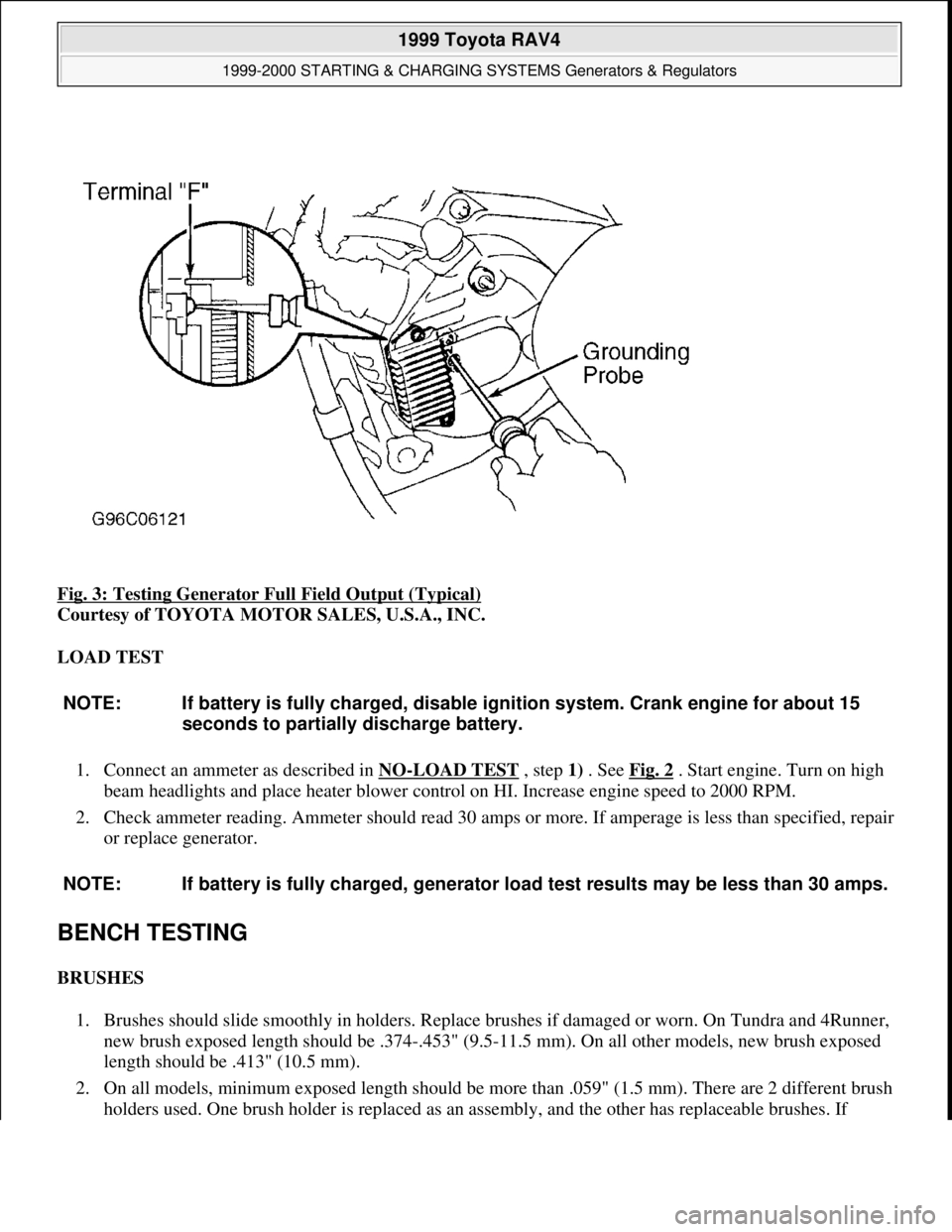 TOYOTA RAV4 1996  Service Repair Manual Fig. 3: Testing Generator Full Field Output (Typical) 
Courtesy of TOYOTA MOTOR SALES, U.S.A., INC. 
LOAD TEST 
1. Connect an ammeter as described in NO
-LOAD TEST , step 1) . See Fig. 2 . Start engin