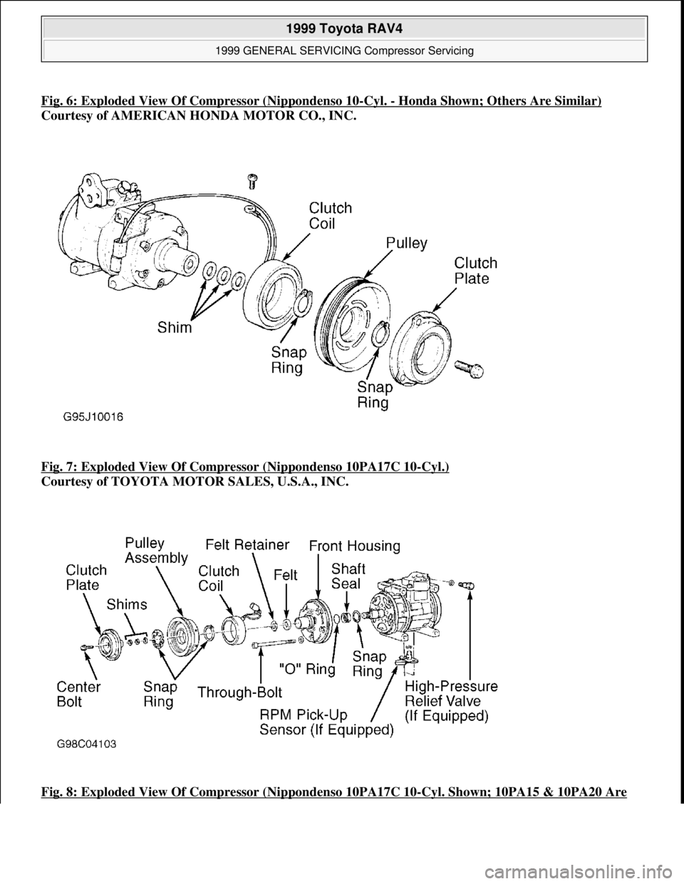 TOYOTA RAV4 1996  Service Repair Manual Fig. 6: Exploded View Of Compressor (Nippondenso 10-Cyl. -Honda Shown; Others Are Similar)
Courtesy of AMERICAN HONDA MOTOR CO., INC. 
Fig. 7: Exploded View Of Compressor (Nippondenso 10PA17C 10
-Cyl.