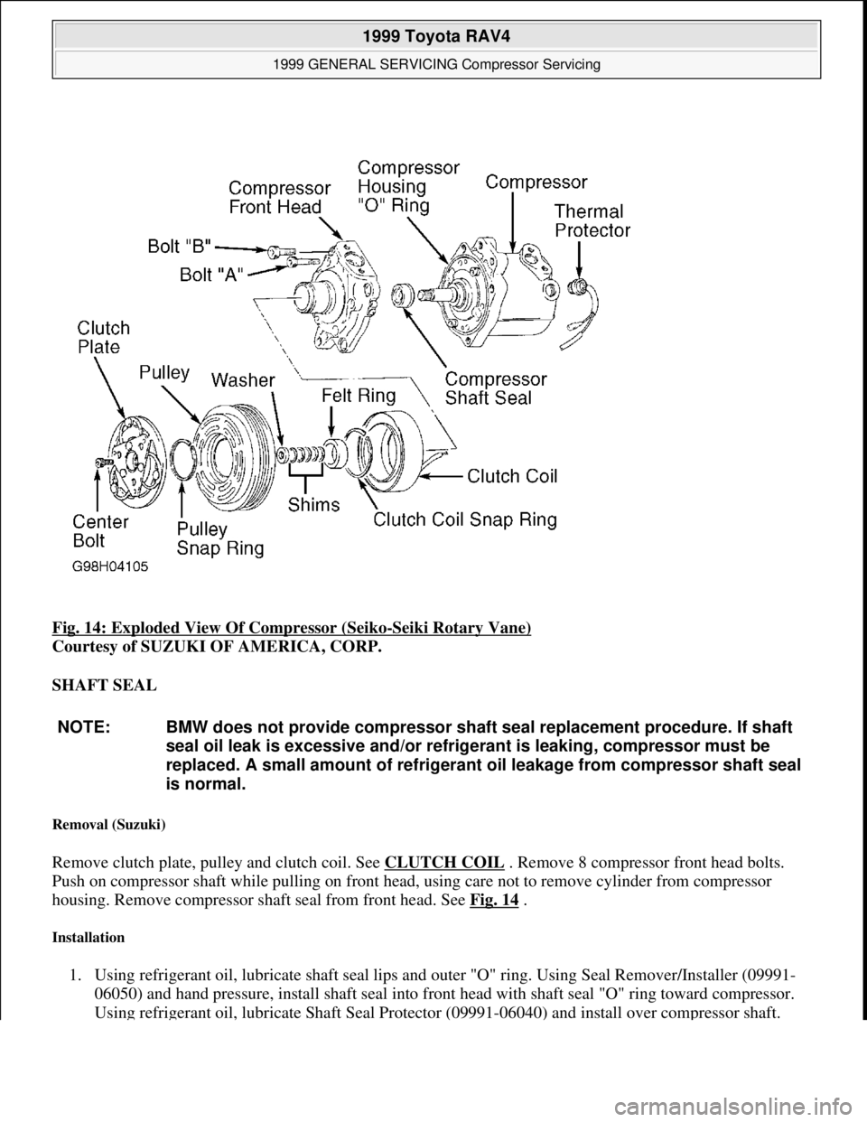 TOYOTA RAV4 1996  Service Repair Manual Fig. 14: Exploded View Of Compressor (Seiko-Seiki Rotary Vane) 
Courtesy of SUZUKI OF AMERICA, CORP. 
SHAFT SEAL 
Removal (Suzuki) 
Remove clutch plate, pulley and clutch coil. See CLUTCH COIL . Remov