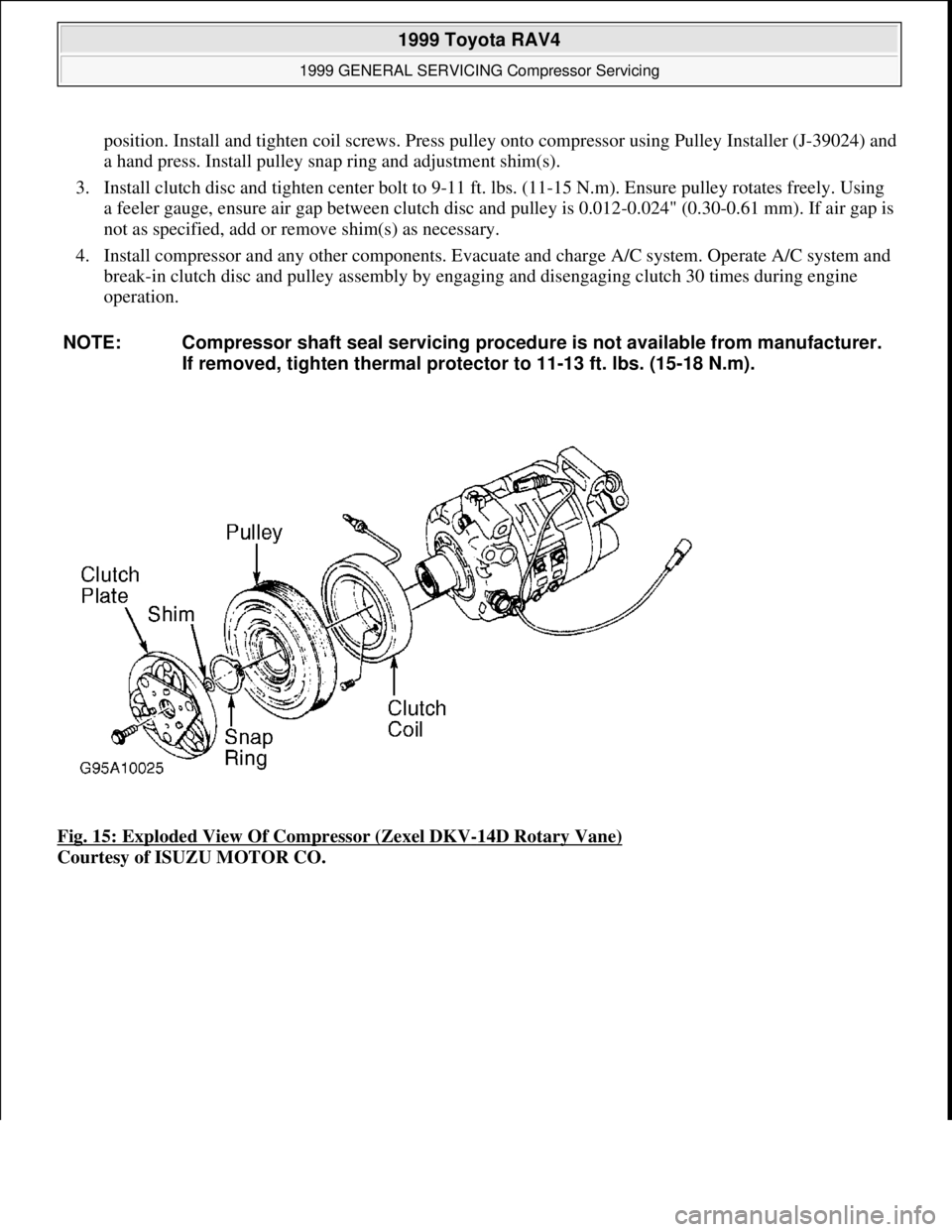 TOYOTA RAV4 1996  Service Repair Manual position. Install and tighten coil screws. Press pulley onto compressor using Pulley Installer (J-39024) and 
a hand press. Install pulley snap ring and adjustment shim(s).  
3. Install clutch disc an