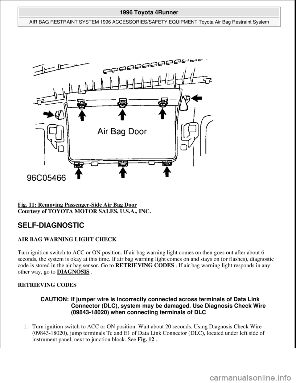 TOYOTA RAV4 1996  Service Service Manual Fig. 11: Removing Passenger-Side Air Bag Door 
Courtesy of TOYOTA MOTOR SALES, U.S.A., INC. 
SELF-DIAGNOSTIC 
AIR BAG WARNING LIGHT CHECK 
Turn ignition switch to ACC or ON position. If air bag warnin