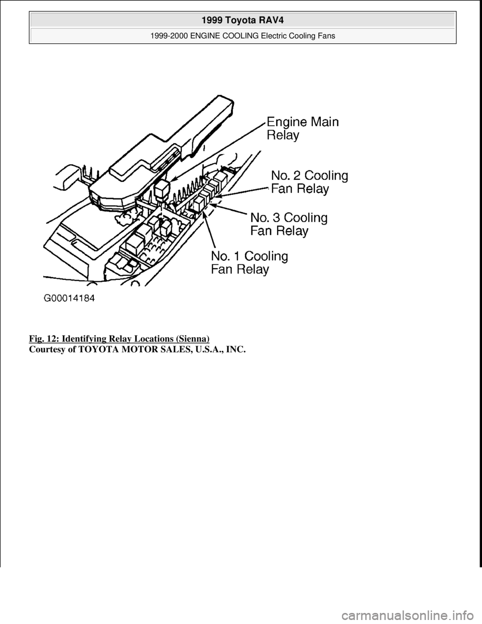 TOYOTA RAV4 1996  Service Repair Manual Fig. 12: Identifying Relay Locations (Sienna) 
Courtesy of TOYOTA MOTOR SALES, U.S.A., INC.
 
1999 Toyota RAV4 
1999-2000 ENGINE COOLING Electric Cooling Fans  
Microsoft  
Sunday, November 22, 2009 1