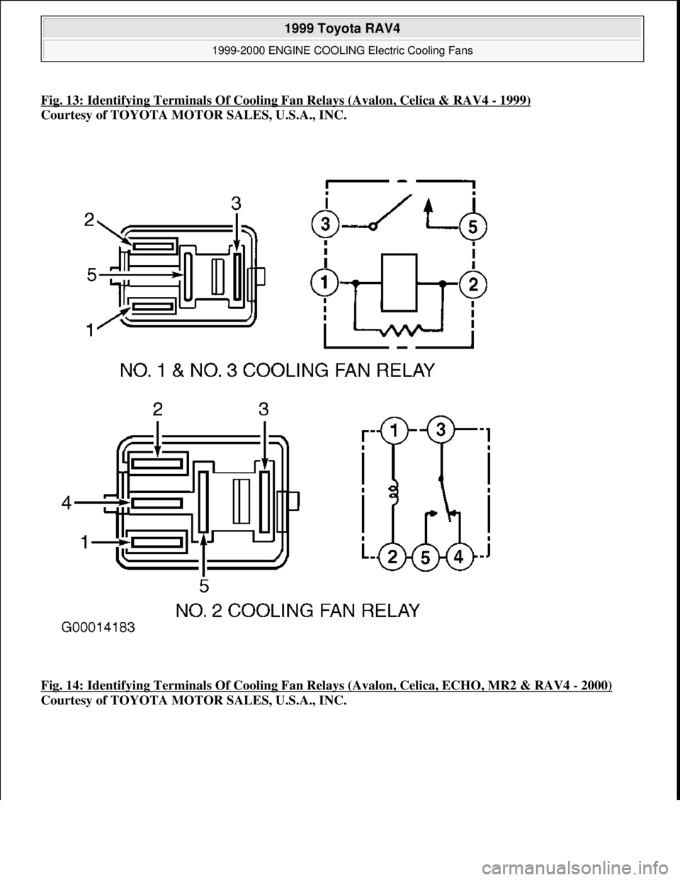 TOYOTA RAV4 1996  Service Repair Manual Fig. 13: Identifying Terminals Of Cooling Fan Relays (Avalon, Celica & RAV4 - 1999) 
Courtesy of TOYOTA MOTOR SALES, U.S.A., INC. 
Fig. 14: Identifying Terminals Of Cooling Fan Relays (Avalon, Celica,