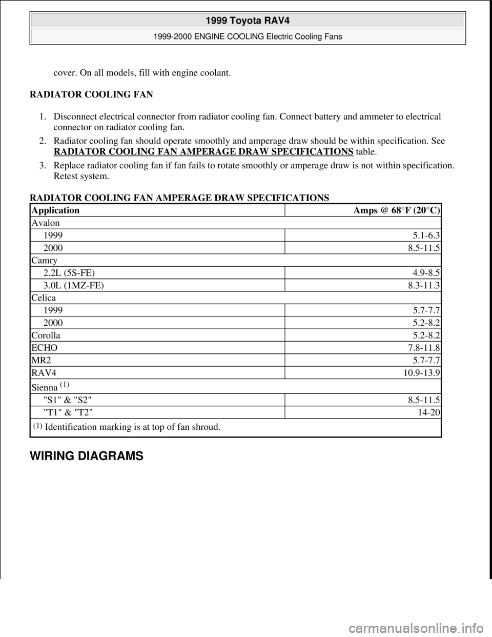 TOYOTA RAV4 1996  Service Repair Manual cover. On all models, fill with engine coolant. 
RADIATOR COOLING FAN 
1. Disconnect electrical connector from radiator cooling fan. Connect battery and ammeter to electrical 
connector on radiator co