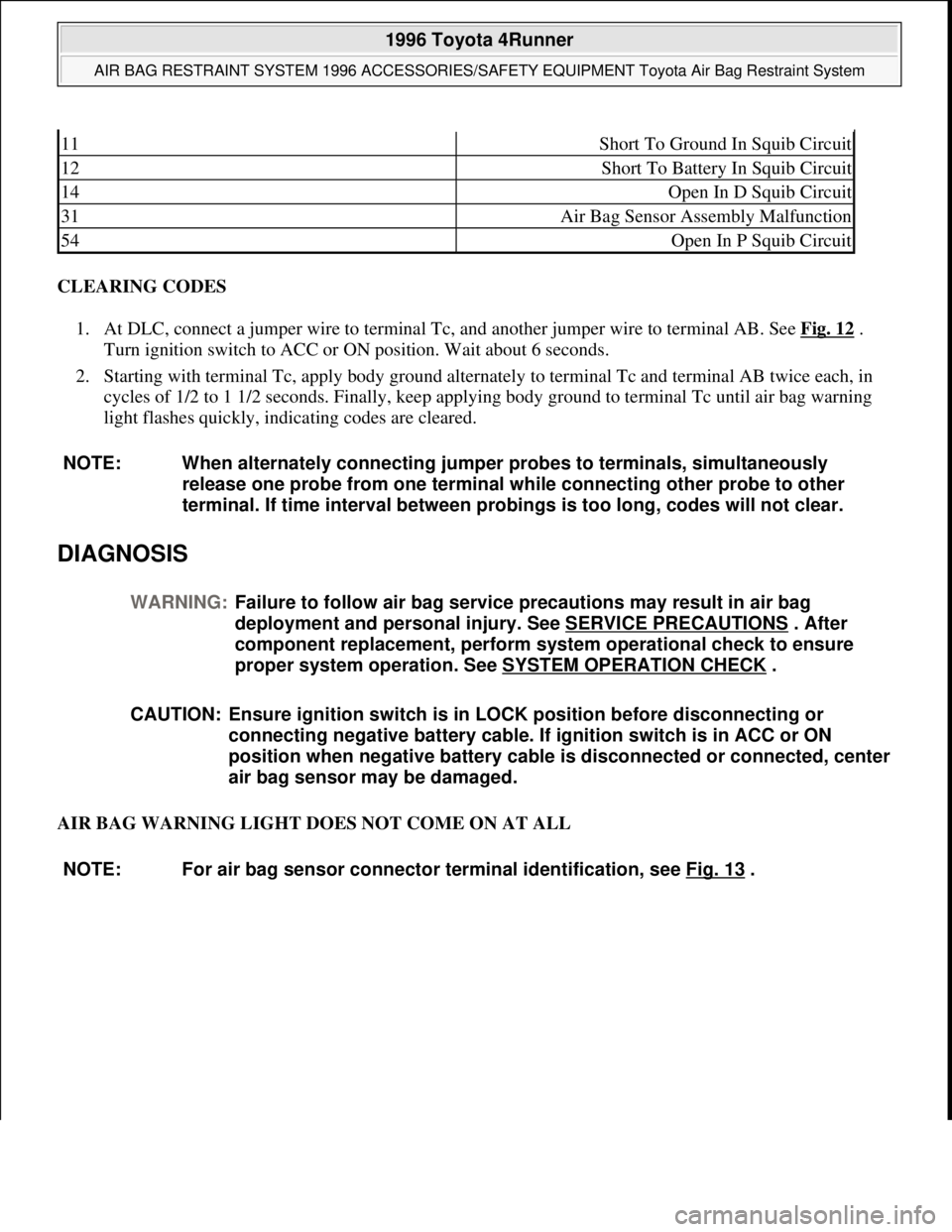 TOYOTA RAV4 1996 Service Workshop Manual CLEARING CODES
1. At DLC, connect a jumper wire to terminal Tc, and another jumper wire to terminal AB. See Fig. 12
.
Turn ignition switch to ACC or ON position. Wait about 6 seconds.
2. Starting TOYOTA RAV4 1996 Service Workshop Manual CLEARING CODES
1. At DLC, connect a jumper wire to terminal Tc, and another jumper wire to terminal AB. See Fig. 12
.
Turn ignition switch to ACC or ON position. Wait about 6 seconds.
2. Starting