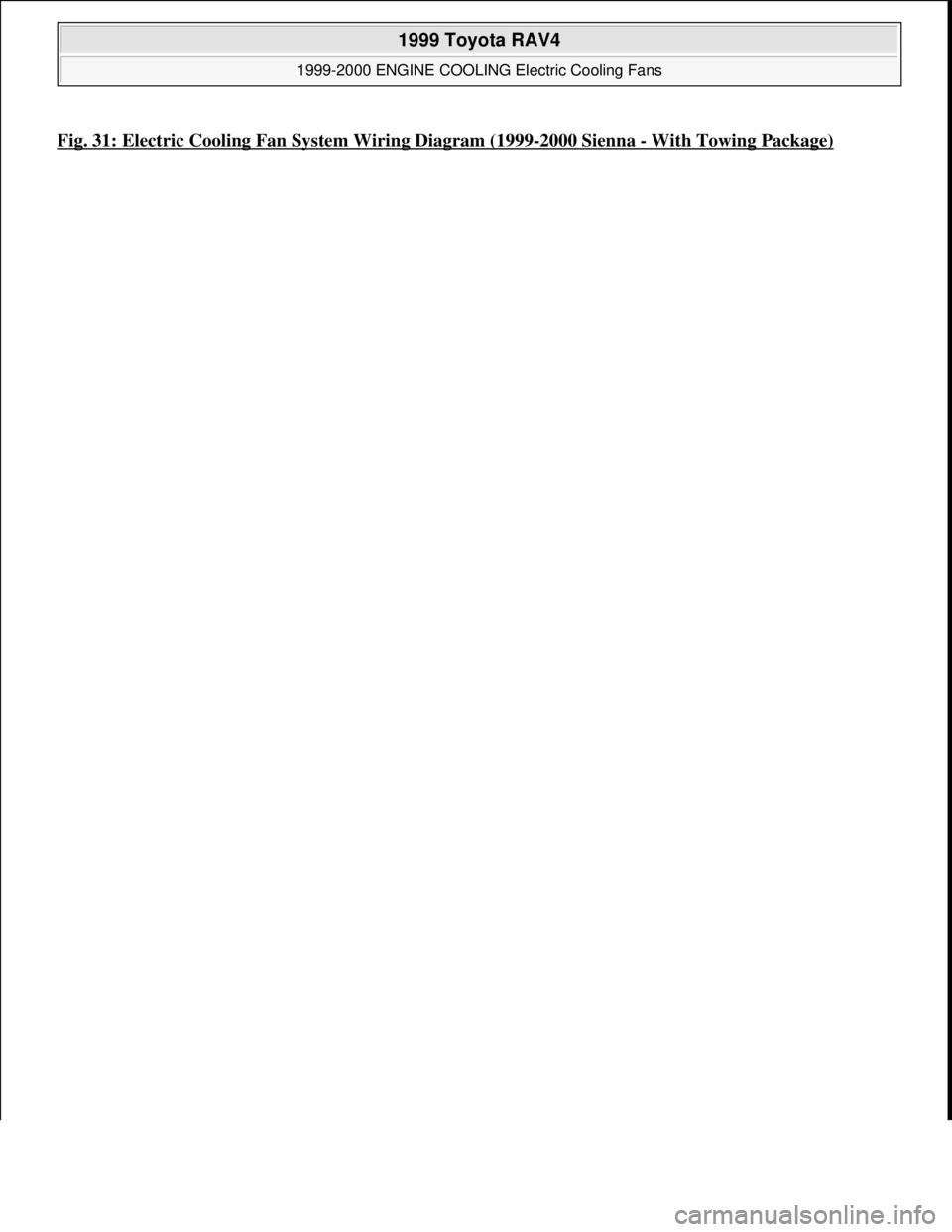 TOYOTA RAV4 1996 Service Repair Manual Fig. 31: Electric Cooling Fan System Wiring Diagram (1999-2000 Sienna -With Towing Package)
1999 Toyota RAV4
1999-2000 ENGINE COOLING Electric Cooling Fans
Microsoft
Sunday, November 22, 2009 1 TOYOTA RAV4 1996 Service Repair Manual Fig. 31: Electric Cooling Fan System Wiring Diagram (1999-2000 Sienna -With Towing Package)
1999 Toyota RAV4
1999-2000 ENGINE COOLING Electric Cooling Fans
Microsoft
Sunday, November 22, 2009 1