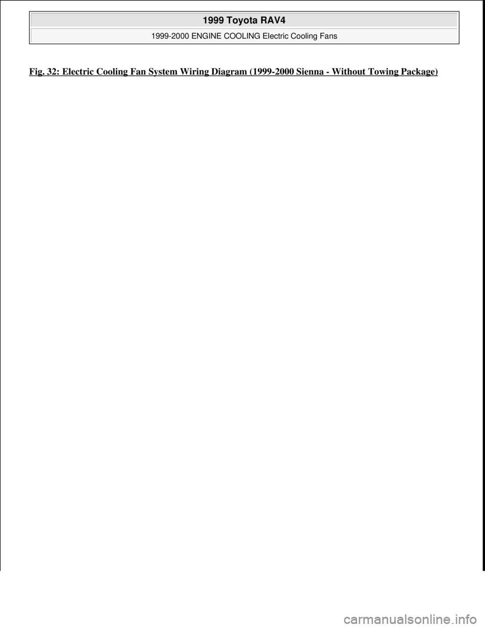 TOYOTA RAV4 1996 Service Repair Manual Fig. 32: Electric Cooling Fan System Wiring Diagram (1999-2000 Sienna -Without Towing Package)
1999 Toyota RAV4
1999-2000 ENGINE COOLING Electric Cooling Fans
Microsoft
Sunday, November 22, 200 TOYOTA RAV4 1996 Service Repair Manual Fig. 32: Electric Cooling Fan System Wiring Diagram (1999-2000 Sienna -Without Towing Package)
1999 Toyota RAV4
1999-2000 ENGINE COOLING Electric Cooling Fans
Microsoft
Sunday, November 22, 200