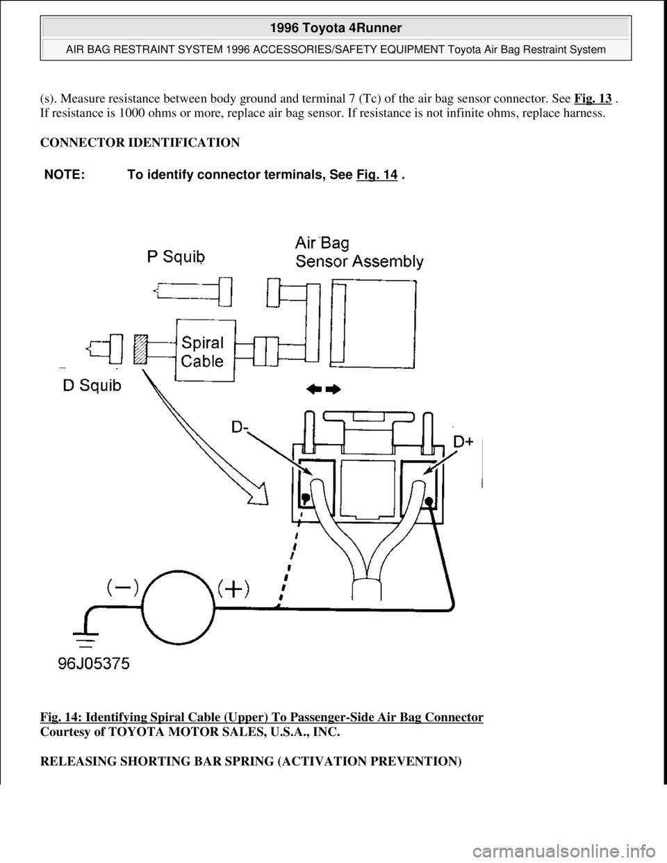 TOYOTA RAV4 1996 Service Workshop Manual (s). Measure resistance between body ground and terminal 7 (Tc) of the air bag sensor connector. See Fig. 13.
If resistance is 1000 ohms or more, replace air bag sensor. If resistance is not infinite TOYOTA RAV4 1996 Service Workshop Manual (s). Measure resistance between body ground and terminal 7 (Tc) of the air bag sensor connector. See Fig. 13.
If resistance is 1000 ohms or more, replace air bag sensor. If resistance is not infinite