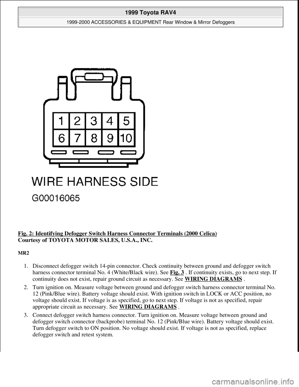 TOYOTA RAV4 1996  Service Repair Manual Fig. 2: Identifying Defogger Switch Harness Connector Terminals (2000 Celica) 
Courtesy of TOYOTA MOTOR SALES, U.S.A., INC. 
MR2 
1. Disconnect defogger switch 14-pin connector. Check continuity betwe