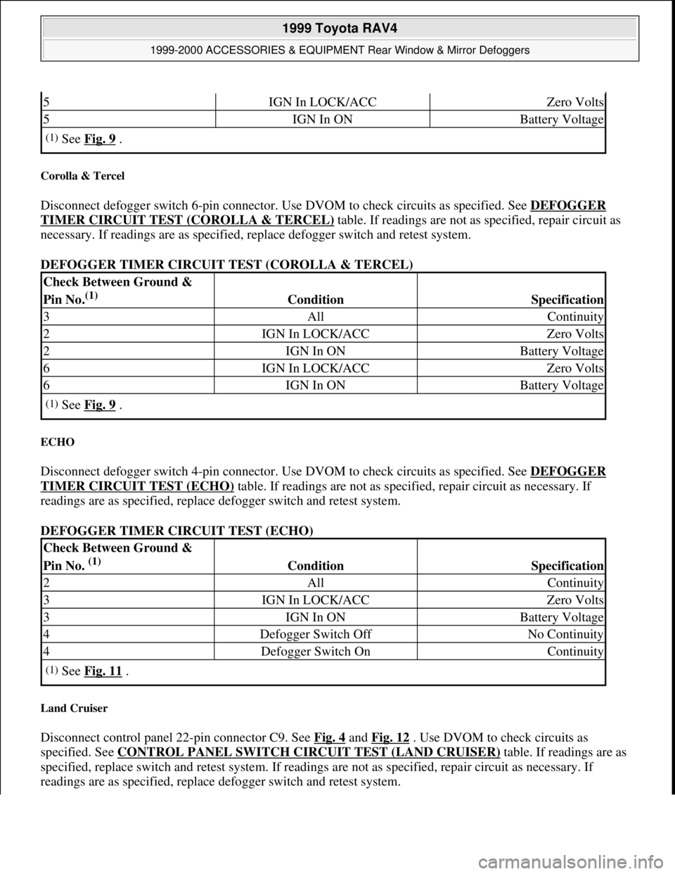 TOYOTA RAV4 1996  Service Repair Manual Corolla & Tercel 
Disconnect defogger switch 6-pin connector. Use DVOM to check circuits as specified. See DEFOGGER 
TIMER CIRCUIT TEST (COROLLA & TERCEL) table. If readings are not as specified, repa