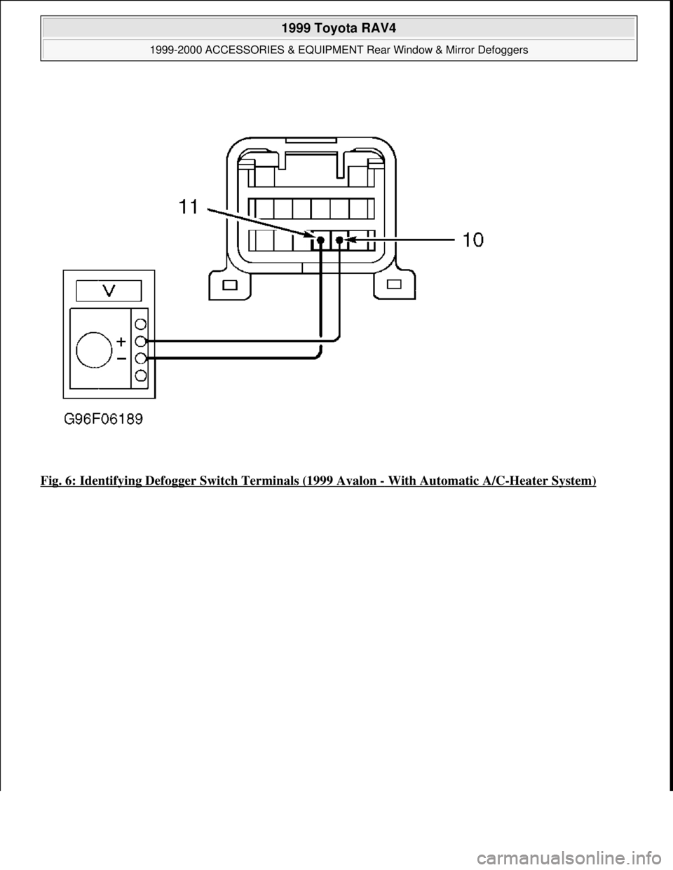 TOYOTA RAV4 1996  Service Repair Manual Fig. 6: Identifying Defogger Switch Terminals (1999 Avalon - With Automatic A/C-Heater System)
 
1999 Toyota RAV4 
1999-2000 ACCESSORIES & EQUIPMENT Rear Window & Mirror Defoggers  
Microsoft  
Sunday