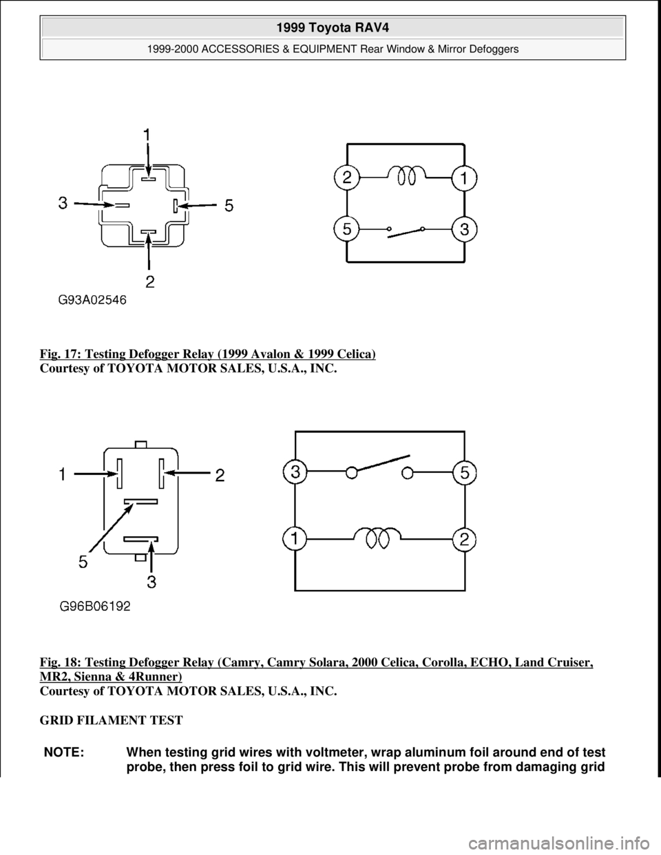 TOYOTA RAV4 1996  Service Repair Manual Fig. 17: Testing Defogger Relay (1999 Avalon & 1999 Celica) 
Courtesy of TOYOTA MOTOR SALES, U.S.A., INC. 
Fig. 18: Testing Defogger Relay (Camry, Camry Solara, 2000 Celica, Corolla, ECHO, Land Cruise