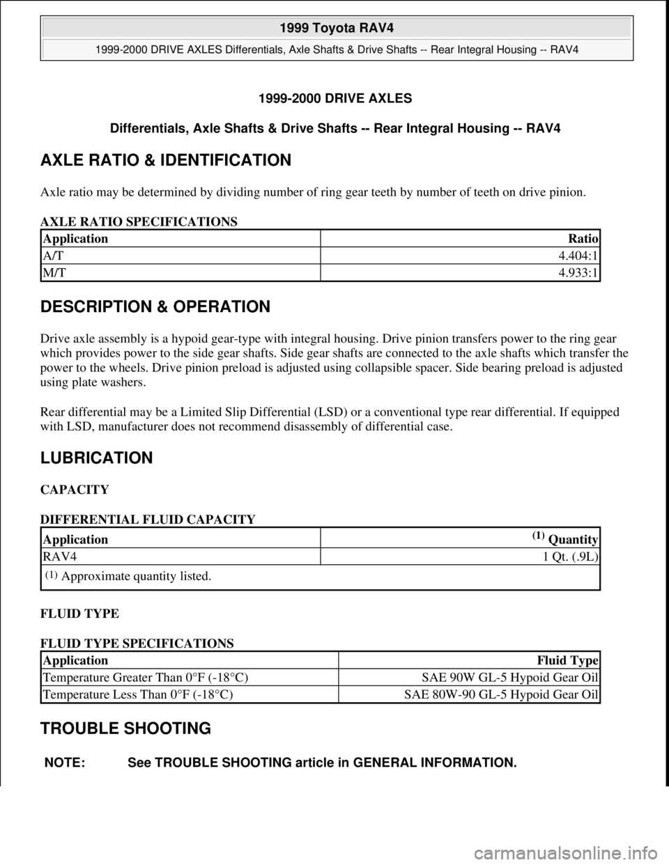 TOYOTA RAV4 1996  Service Repair Manual 1999-2000 DRIVE AXLES
Differentials, Axle Shafts & Drive Shafts -- Rear Integral Housing -- RAV4 
AXLE RATIO & IDENTIFICATION 
Axle ratio may be determined by dividing number of ring gear teeth by num