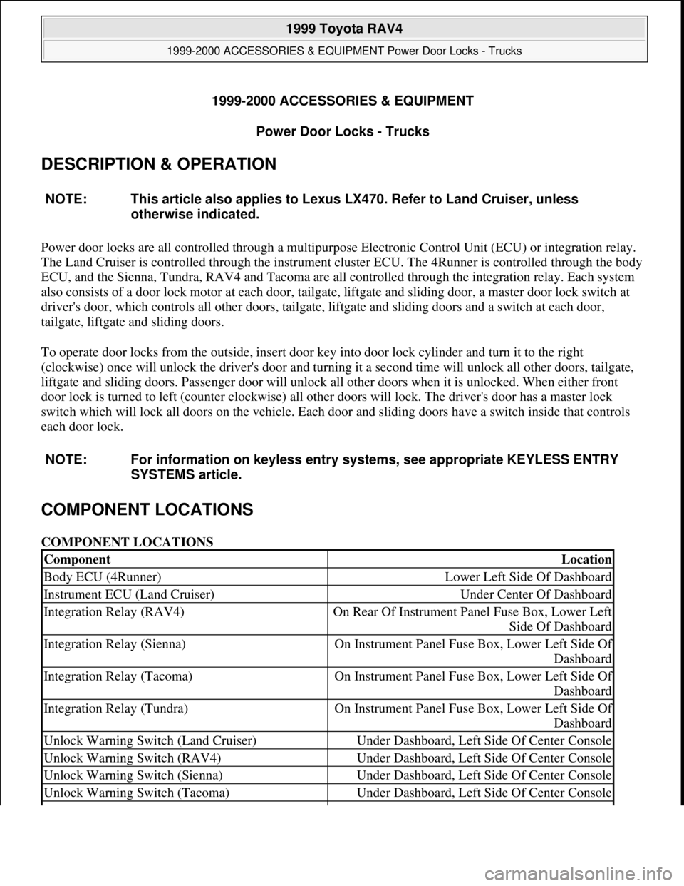 TOYOTA RAV4 1996  Service Repair Manual 1999-2000 ACCESSORIES & EQUIPMENT
Power Door Locks - Trucks 
DESCRIPTION & OPERATION 
Power door locks are all controlled through a multipurpose Electronic Control Unit (ECU) or integration relay. 
Th