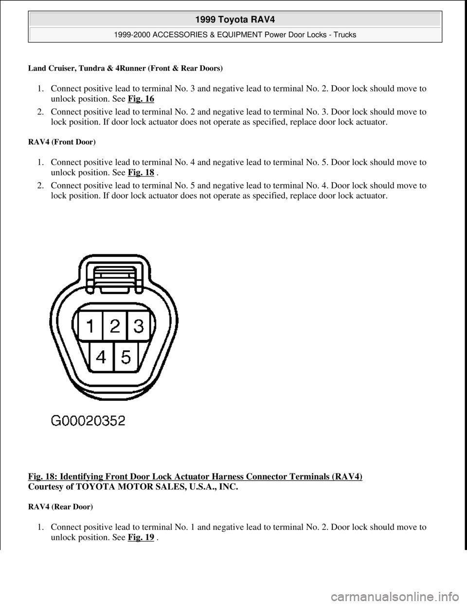 TOYOTA RAV4 1996  Service Repair Manual Land Cruiser, Tundra & 4Runner (Front & Rear Doors)
1. Connect positive lead to terminal No. 3 and negative lead to terminal No. 2. Door lock should move to 
unlock position. See Fig. 16
  
2. Connect