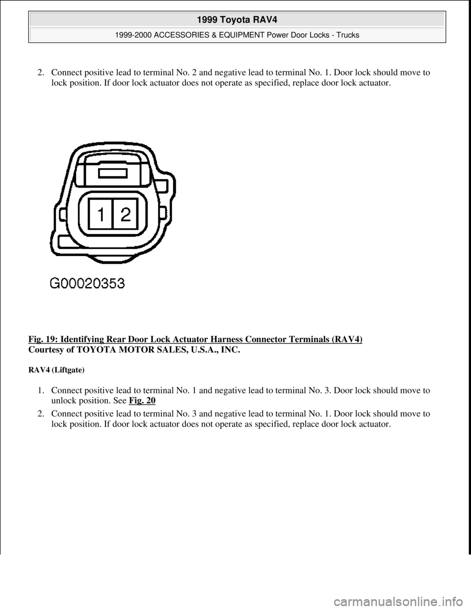 TOYOTA RAV4 1996  Service Repair Manual 2. Connect positive lead to terminal No. 2 and negative lead to terminal No. 1. Door lock should move to 
lock position. If door lock actuator does not operate as specified, replace door lock actuator