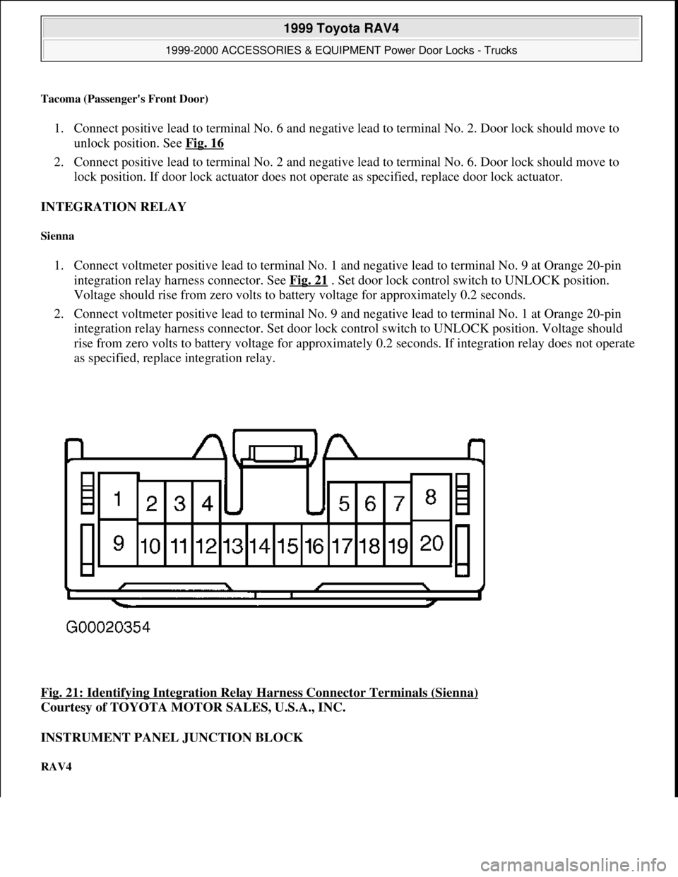 TOYOTA RAV4 1996  Service Repair Manual Tacoma (Passengers Front Door) 
1. Connect positive lead to terminal No. 6 and negative lead to terminal No. 2. Door lock should move to 
unlock position. See Fig. 16
  
2. Connect positive lead to t