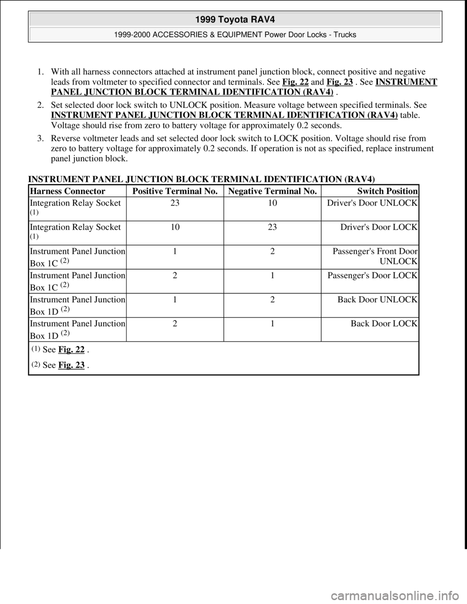 TOYOTA RAV4 1996 Service Repair Manual 1. With all harness connectors attached at instrument panel junction block, connect positive and negative
leads from voltmeter to specified connector and terminals. See Fig. 22
and Fig. 23 . See INS TOYOTA RAV4 1996 Service Repair Manual 1. With all harness connectors attached at instrument panel junction block, connect positive and negative
leads from voltmeter to specified connector and terminals. See Fig. 22
and Fig. 23 . See INS