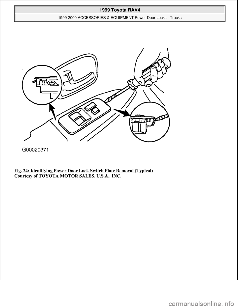 TOYOTA RAV4 1996 Service Repair Manual Fig. 24: Identifying Power Door Lock Switch Plate Removal (Typical)
Courtesy of TOYOTA MOTOR SALES, U.S.A., INC.
1999 Toyota RAV4
1999-2000 ACCESSORIES & EQUIPMENT Power Door Locks - Trucks
Micr TOYOTA RAV4 1996 Service Repair Manual Fig. 24: Identifying Power Door Lock Switch Plate Removal (Typical)
Courtesy of TOYOTA MOTOR SALES, U.S.A., INC.
1999 Toyota RAV4
1999-2000 ACCESSORIES & EQUIPMENT Power Door Locks - Trucks
Micr