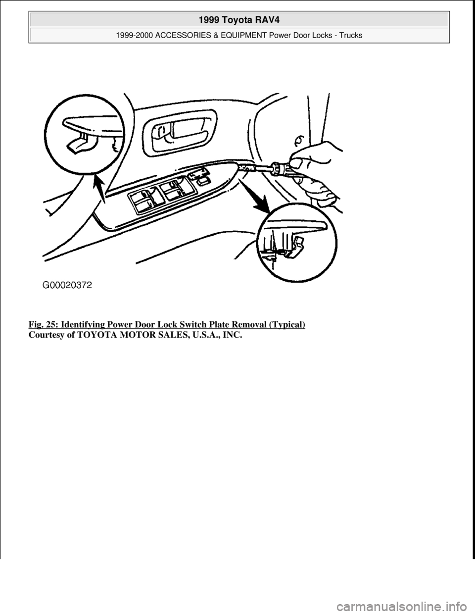 TOYOTA RAV4 1996 Service Repair Manual Fig. 25: Identifying Power Door Lock Switch Plate Removal (Typical)
Courtesy of TOYOTA MOTOR SALES, U.S.A., INC.
1999 Toyota RAV4
1999-2000 ACCESSORIES & EQUIPMENT Power Door Locks - Trucks
Micr TOYOTA RAV4 1996 Service Repair Manual Fig. 25: Identifying Power Door Lock Switch Plate Removal (Typical)
Courtesy of TOYOTA MOTOR SALES, U.S.A., INC.
1999 Toyota RAV4
1999-2000 ACCESSORIES & EQUIPMENT Power Door Locks - Trucks
Micr