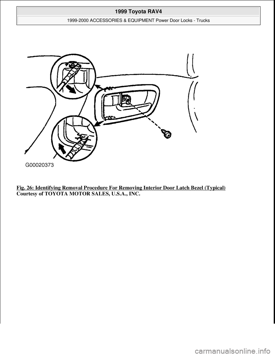 TOYOTA RAV4 1996 Service Repair Manual Fig. 26: Identifying Removal Procedure For Removing Interior Door Latch Bezel (Typical)
Courtesy of TOYOTA MOTOR SALES, U.S.A., INC.
1999 Toyota RAV4
1999-2000 ACCESSORIES & EQUIPMENT Power Door L TOYOTA RAV4 1996 Service Repair Manual Fig. 26: Identifying Removal Procedure For Removing Interior Door Latch Bezel (Typical)
Courtesy of TOYOTA MOTOR SALES, U.S.A., INC.
1999 Toyota RAV4
1999-2000 ACCESSORIES & EQUIPMENT Power Door L