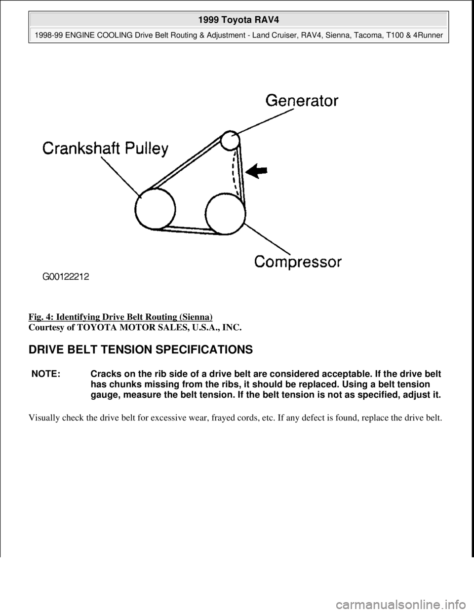TOYOTA RAV4 1996  Service Repair Manual Fig. 4: Identifying Drive Belt Routing (Sienna) 
Courtesy of TOYOTA MOTOR SALES, U.S.A., INC. 
DRIVE BELT TENSION SPECIFICATIONS 
Visually check the drive belt for excessive wear, frayed cords, etc. I