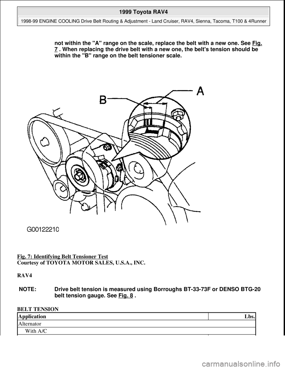 TOYOTA RAV4 1996 Service Repair Manual Fig. 7: Identifying Belt Tensioner Test
Courtesy of TOYOTA MOTOR SALES, U.S.A., INC.
RAV4
BELT TENSION not within the "A" range on the scale, replace the belt with a new one. See Fig.
7 . When re TOYOTA RAV4 1996 Service Repair Manual Fig. 7: Identifying Belt Tensioner Test
Courtesy of TOYOTA MOTOR SALES, U.S.A., INC.
RAV4
BELT TENSION not within the "A" range on the scale, replace the belt with a new one. See Fig.
7 . When re