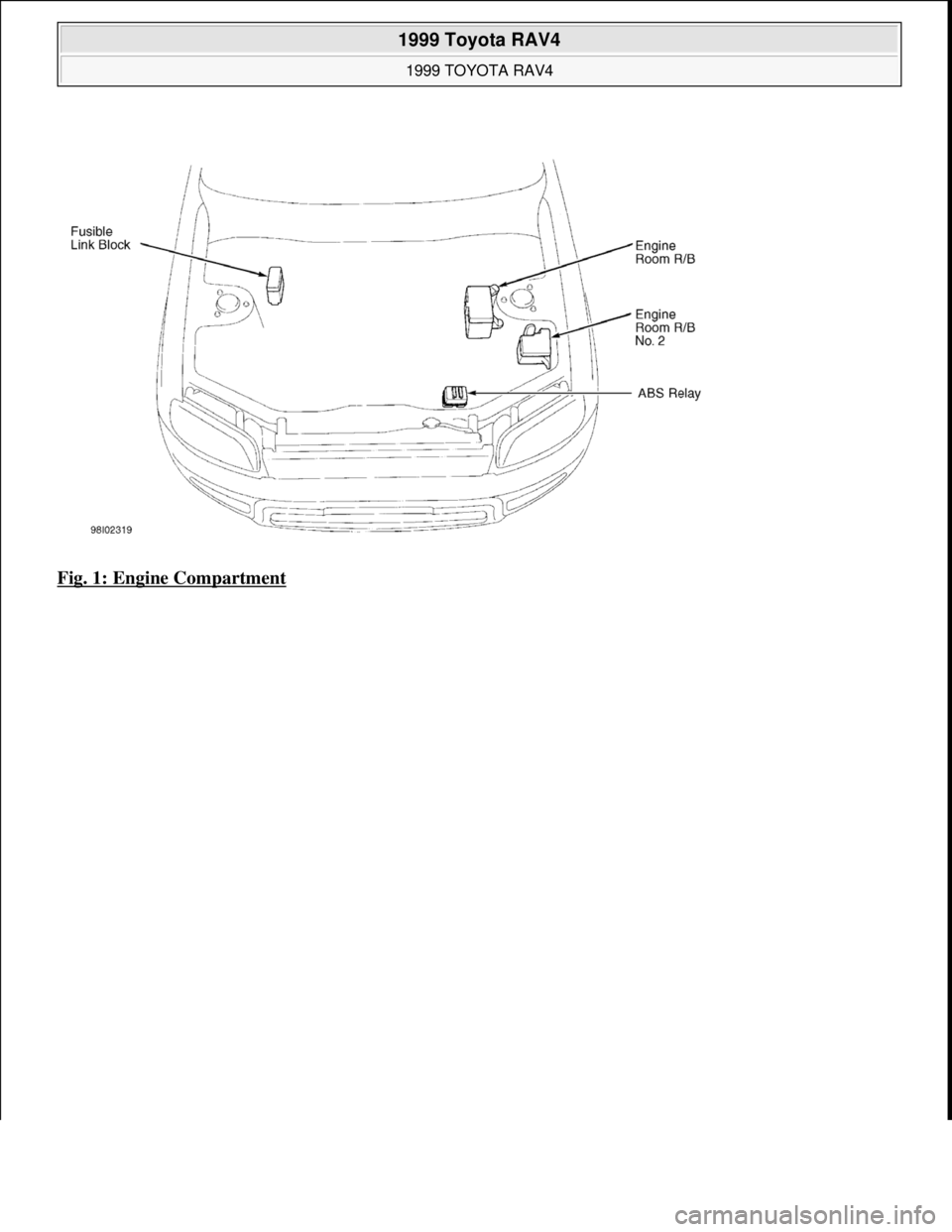 TOYOTA RAV4 1996 Service Repair Manual Fig. 1: Engine Compartment
1999 Toyota RAV4
1999 TOYOTA RAV4
Microsoft
Sunday, November 22, 2009 10:17:32 AMPage 7 © 2005 Mitchell Repair Information Company, LLC. TOYOTA RAV4 1996 Service Repair Manual Fig. 1: Engine Compartment
1999 Toyota RAV4
1999 TOYOTA RAV4
Microsoft
Sunday, November 22, 2009 10:17:32 AMPage 7 © 2005 Mitchell Repair Information Company, LLC.