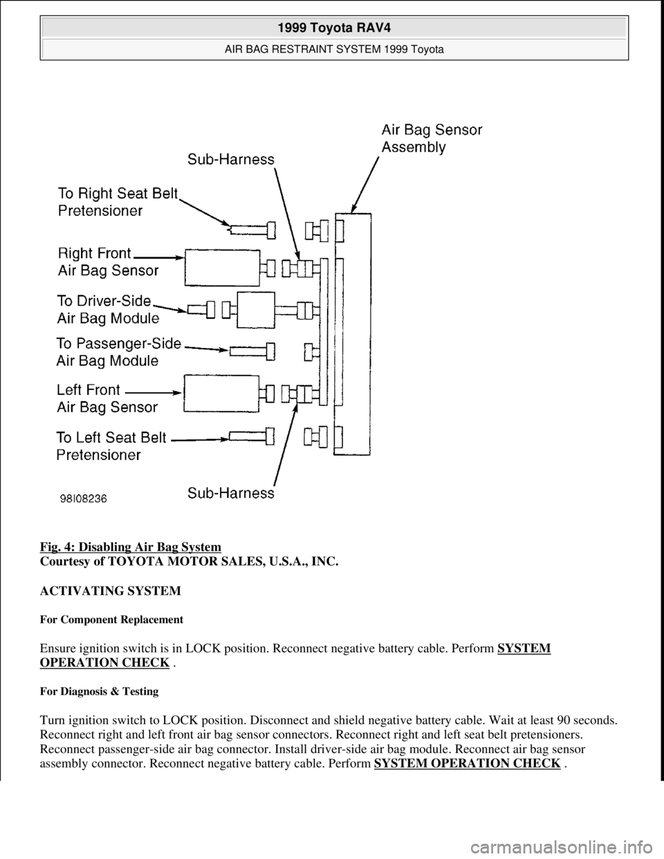 TOYOTA RAV4 1996 Service Manual PDF Fig. 4: Disabling Air Bag System
Courtesy of TOYOTA MOTOR SALES, U.S.A., INC.
ACTIVATING SYSTEM
For Component Replacement
Ensure ignition switch is in LOCK position. Reconnect negative battery cab TOYOTA RAV4 1996 Service Manual PDF Fig. 4: Disabling Air Bag System
Courtesy of TOYOTA MOTOR SALES, U.S.A., INC.
ACTIVATING SYSTEM
For Component Replacement
Ensure ignition switch is in LOCK position. Reconnect negative battery cab
