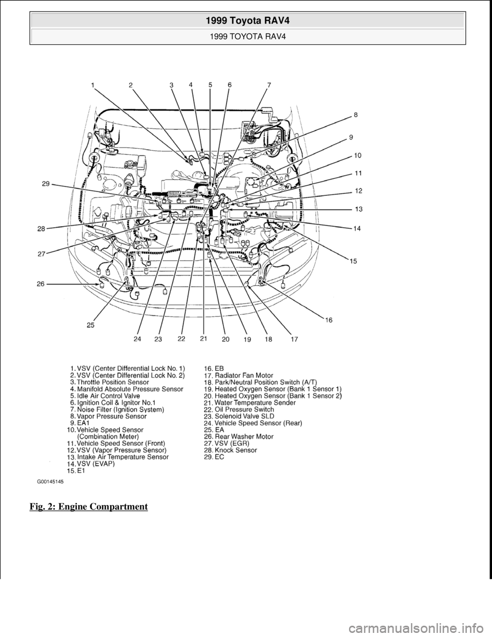 TOYOTA RAV4 1996  Service Repair Manual Fig. 2: Engine Compartment
 
1999 Toyota RAV4 
1999 TOYOTA RAV4  
Microsoft  
Sunday, November 22, 2009 10:17:32 AMPage 8 © 2005 Mitchell Repair Information Company, LLC.  