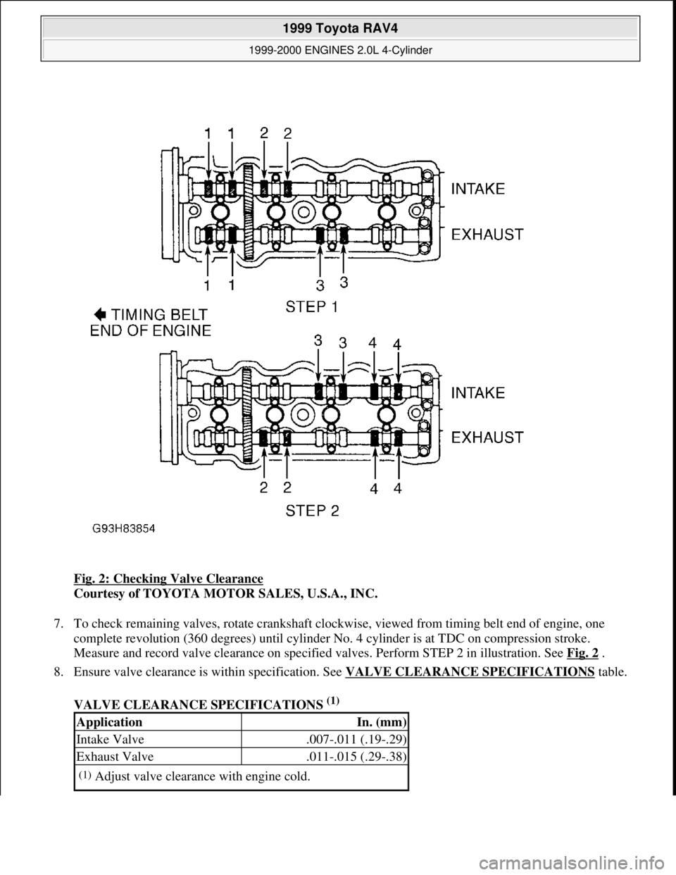 TOYOTA RAV4 1996  Service Repair Manual Fig. 2: Checking Valve Clearance 
Courtesy of TOYOTA MOTOR SALES, U.S.A., INC. 
7. To check remaining valves, rotate crankshaft clockwise, viewed from timing belt end of engine, one 
complete revoluti