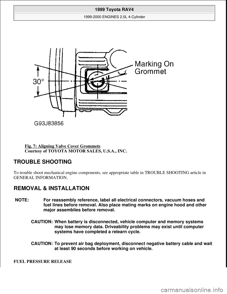 TOYOTA RAV4 1996 Service Repair Manual Fig. 7: Aligning Valve Cover Grommets
Courtesy of TOYOTA MOTOR SALES, U.S.A., INC.
TROUBLE SHOOTING
To trouble shoot mechanical engine components, see appropriate table in TROUBLE SHOOTING article TOYOTA RAV4 1996 Service Repair Manual Fig. 7: Aligning Valve Cover Grommets
Courtesy of TOYOTA MOTOR SALES, U.S.A., INC.
TROUBLE SHOOTING
To trouble shoot mechanical engine components, see appropriate table in TROUBLE SHOOTING article
