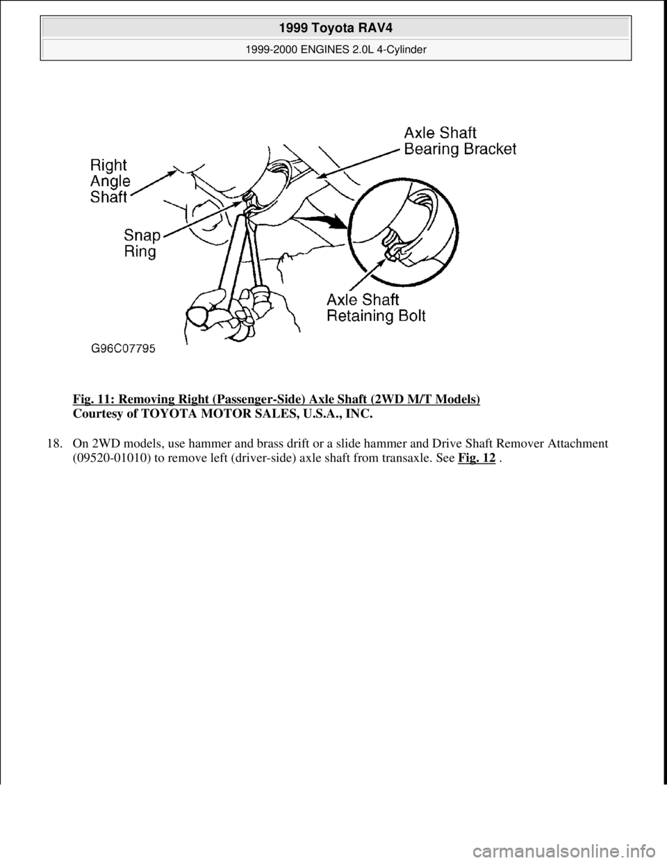 TOYOTA RAV4 1996 Service Repair Manual Fig. 11: Removing Right (Passenger-Side) Axle Shaft (2WD M/T Models)
Courtesy of TOYOTA MOTOR SALES, U.S.A., INC.
18. On 2WD models, use hammer and brass drift or a slide hammer and Drive Shaft Remo TOYOTA RAV4 1996 Service Repair Manual Fig. 11: Removing Right (Passenger-Side) Axle Shaft (2WD M/T Models)
Courtesy of TOYOTA MOTOR SALES, U.S.A., INC.
18. On 2WD models, use hammer and brass drift or a slide hammer and Drive Shaft Remo