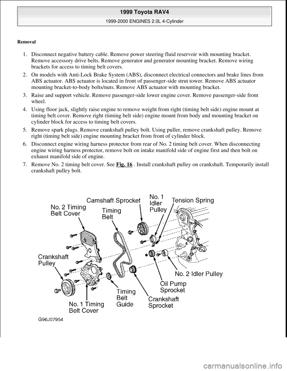 TOYOTA RAV4 1996 Service Repair Manual Removal
1. Disconnect negative battery cable. Remove power steering fluid reservoir with mounting bracket.
Remove accessory drive belts. Remove generator and generator mounting bracket. Remove wirin TOYOTA RAV4 1996 Service Repair Manual Removal
1. Disconnect negative battery cable. Remove power steering fluid reservoir with mounting bracket.
Remove accessory drive belts. Remove generator and generator mounting bracket. Remove wirin