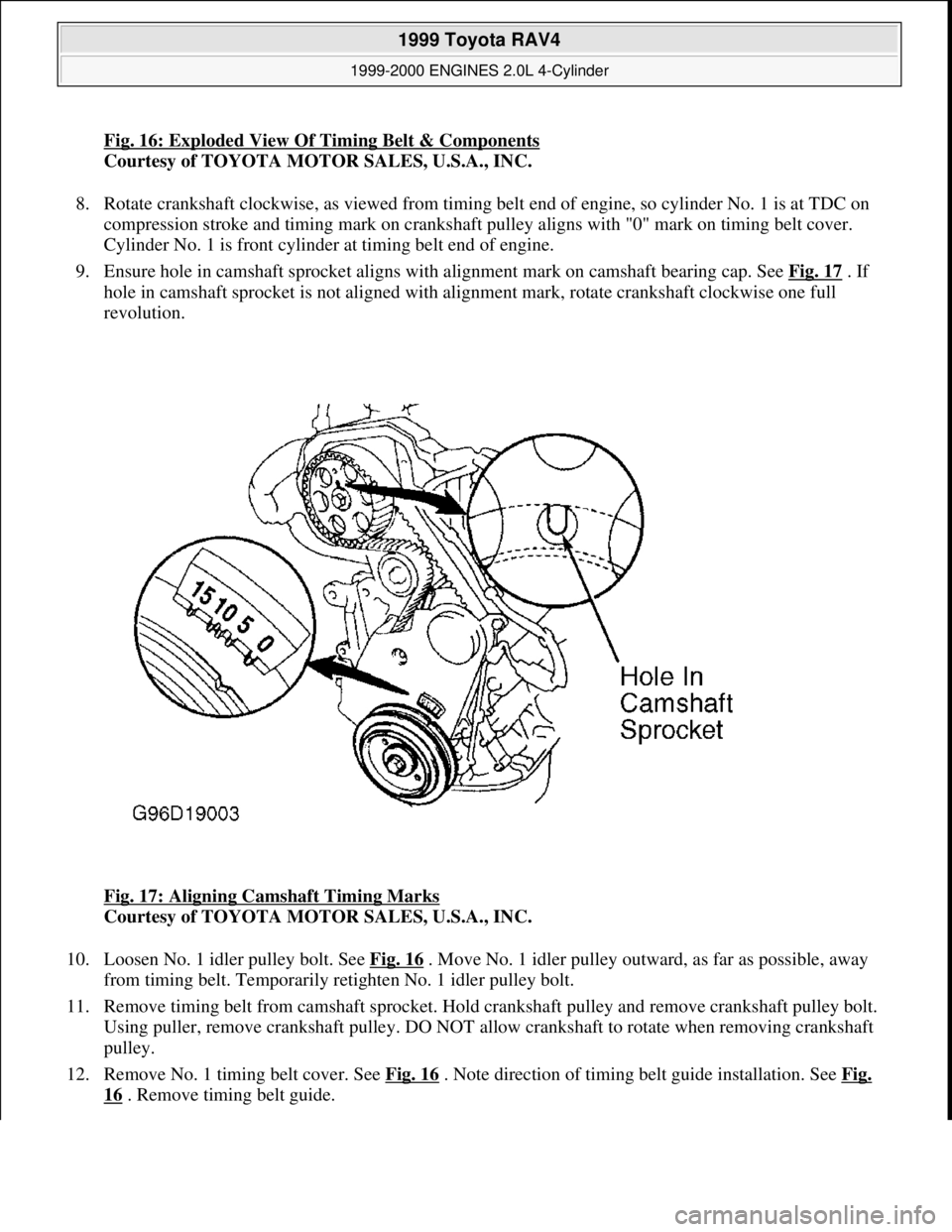 TOYOTA RAV4 1996 Service Repair Manual Fig. 16: Exploded View Of Timing Belt & Components
Courtesy of TOYOTA MOTOR SALES, U.S.A., INC.
8. Rotate crankshaft clockwise, as viewed from timing belt end of engine, so cylinder No. 1 is at TDC o TOYOTA RAV4 1996 Service Repair Manual Fig. 16: Exploded View Of Timing Belt & Components
Courtesy of TOYOTA MOTOR SALES, U.S.A., INC.
8. Rotate crankshaft clockwise, as viewed from timing belt end of engine, so cylinder No. 1 is at TDC o