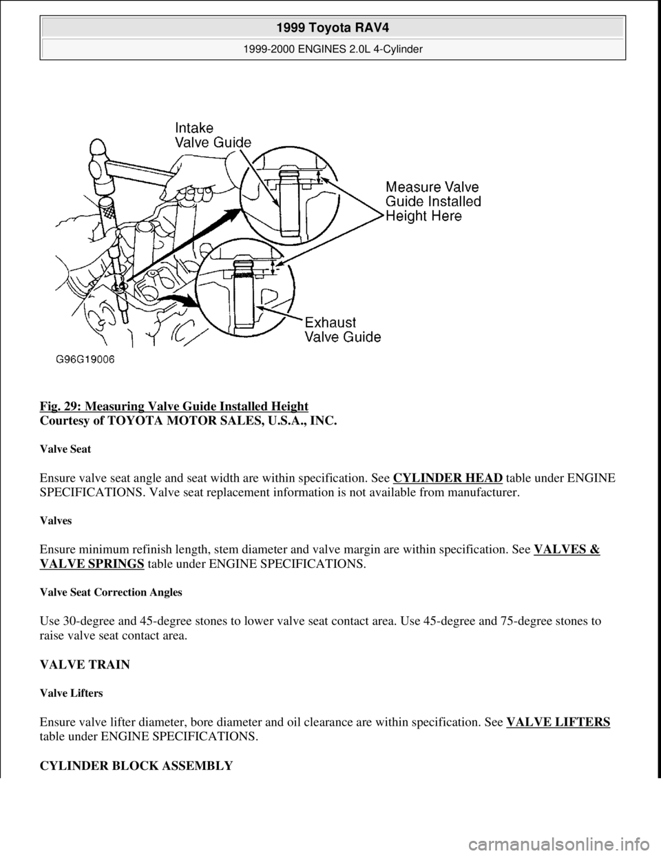 TOYOTA RAV4 1996  Service Repair Manual Fig. 29: Measuring Valve Guide Installed Height 
Courtesy of TOYOTA MOTOR SALES, U.S.A., INC. 
Valve Seat 
Ensure valve seat angle and seat width are within specification. See CYLINDER HEAD table unde