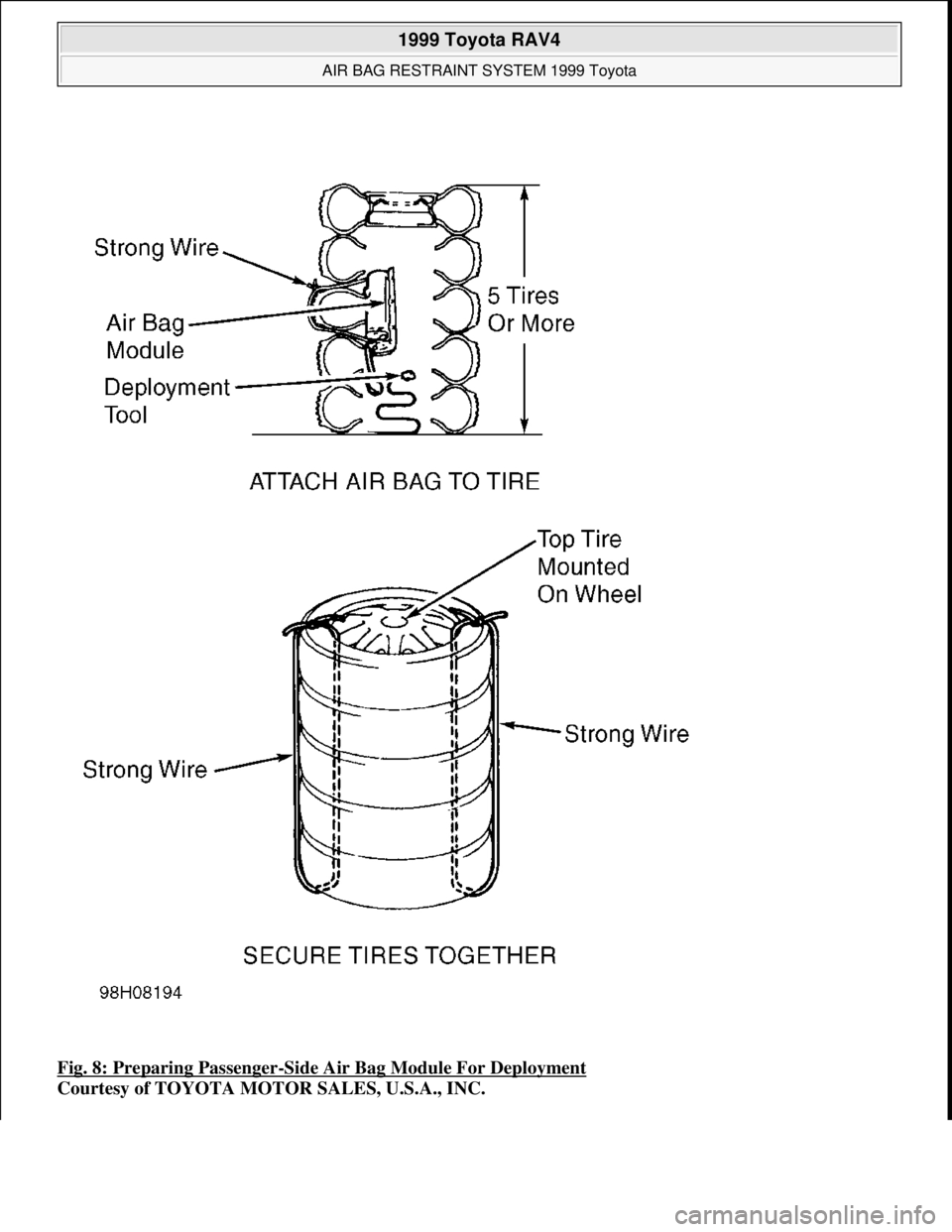 TOYOTA RAV4 1996 Service Manual PDF Fig. 8: Preparing Passenger-Side Air Bag Module For Deployment
Courtesy of TOYOTA MOTOR SALES, U.S.A., INC.
1999 Toyota RAV4
AIR BAG RESTRAINT SYSTEM 1999 Toyota
Microsoft
Sunday, November 22, TOYOTA RAV4 1996 Service Manual PDF Fig. 8: Preparing Passenger-Side Air Bag Module For Deployment
Courtesy of TOYOTA MOTOR SALES, U.S.A., INC.
1999 Toyota RAV4
AIR BAG RESTRAINT SYSTEM 1999 Toyota
Microsoft
Sunday, November 22,