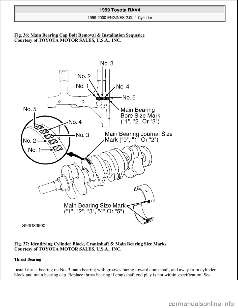 TOYOTA RAV4 1996  Service Repair Manual Fig. 36: Main Bearing Cap Bolt Removal & Installation Sequence
Courtesy of TOYOTA MOTOR SALES, U.S.A., INC. 
Fig. 37: Identifying Cylinder Block, Crankshaft & Main Bearing Size Marks
 
Courtesy of TOY