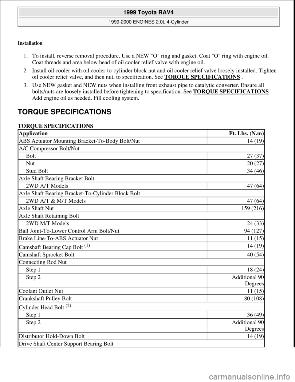TOYOTA RAV4 1996  Service Repair Manual Installation 
1. To install, reverse removal procedure. Use a NEW "O" ring and gasket. Coat "O" ring with engine oil. 
Coat threads and area below head of oil cooler relief valve with engine oil.  
2.