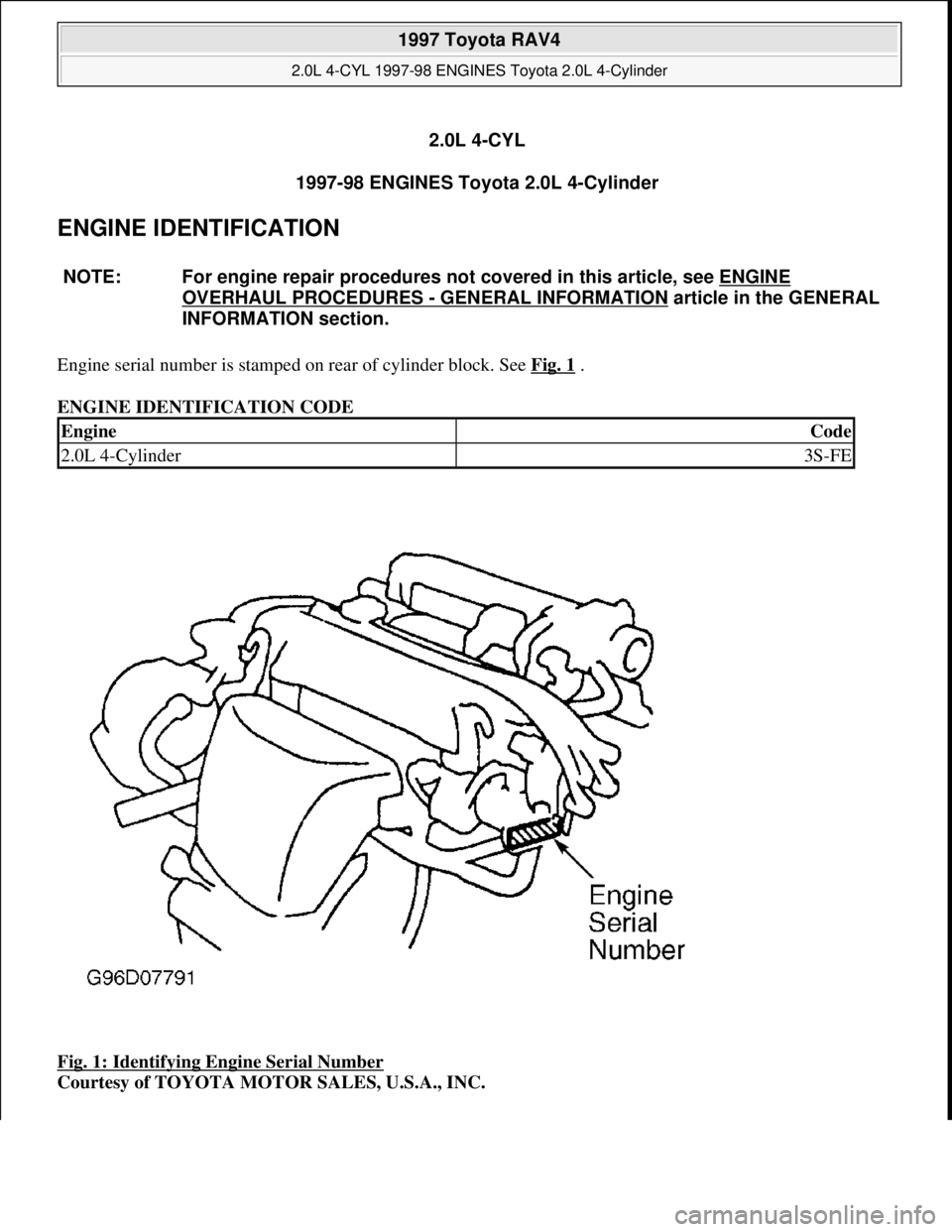 TOYOTA RAV4 1996  Service Repair Manual 2.0L 4-CYL
1997-98 ENGINES Toyota 2.0L 4-Cylinder 
ENGINE IDENTIFICATION 
Engine serial number is stamped on rear of cylinder block. See Fig. 1 . 
ENGINE IDENTIFICATION CODE 
Fig. 1: Identifying Engin