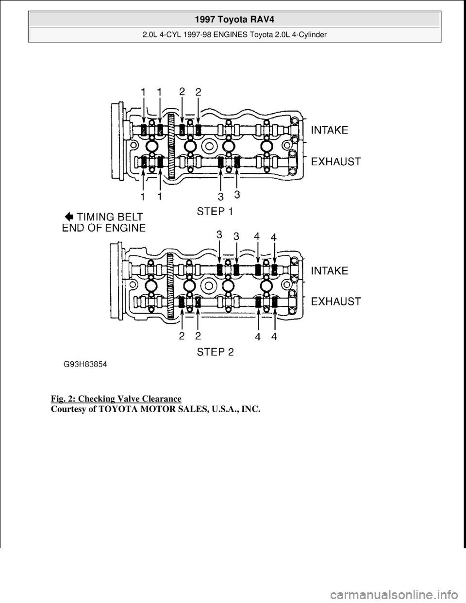 TOYOTA RAV4 1996  Service Repair Manual Fig. 2: Checking Valve Clearance 
Courtesy of TOYOTA MOTOR SALES, U.S.A., INC.
 
1997 Toyota RAV4 
2.0L 4-CYL 1997-98 ENGINES Toyota 2.0L 4-Cylinder  
Microsoft  
Sunday, November 22, 2009 10:23:30 AM
