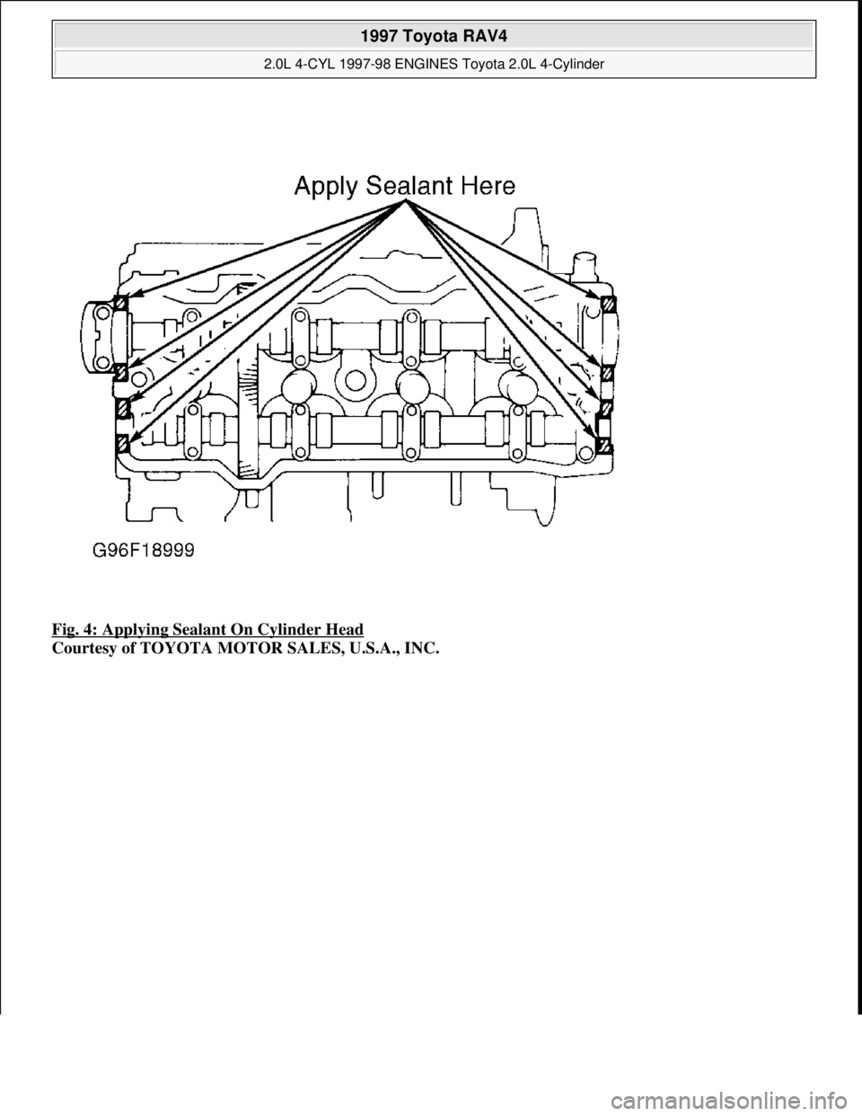 TOYOTA RAV4 1996  Service Repair Manual Fig. 4: Applying Sealant On Cylinder Head 
Courtesy of TOYOTA MOTOR SALES, U.S.A., INC.
 
1997 Toyota RAV4 
2.0L 4-CYL 1997-98 ENGINES Toyota 2.0L 4-Cylinder  
Microsoft  
Sunday, November 22, 2009 10