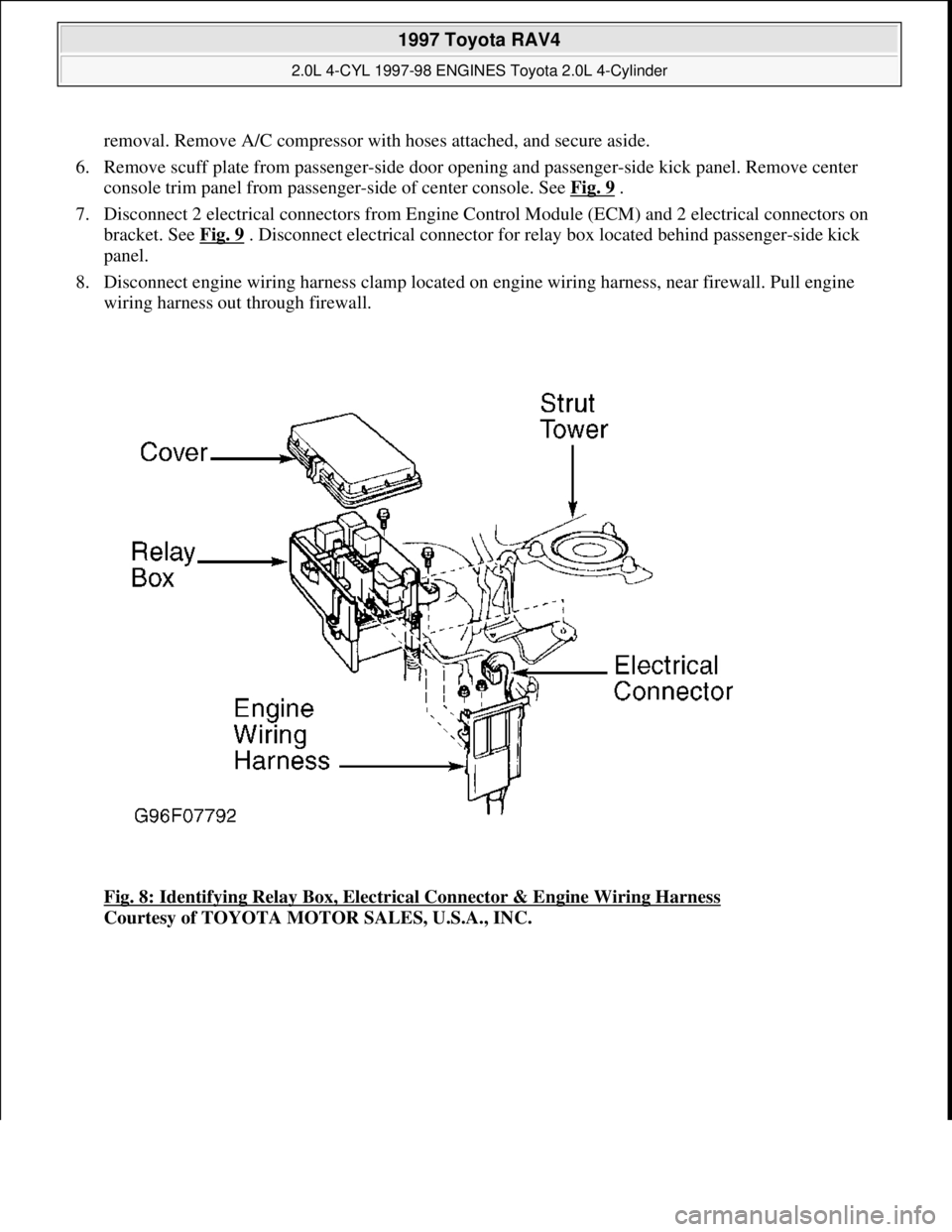 TOYOTA RAV4 1996  Service Repair Manual removal. Remove A/C compressor with hoses attached, and secure aside. 
6. Remove scuff plate from passenger-side door opening and passenger-side kick panel. Remove center 
console trim panel from pass