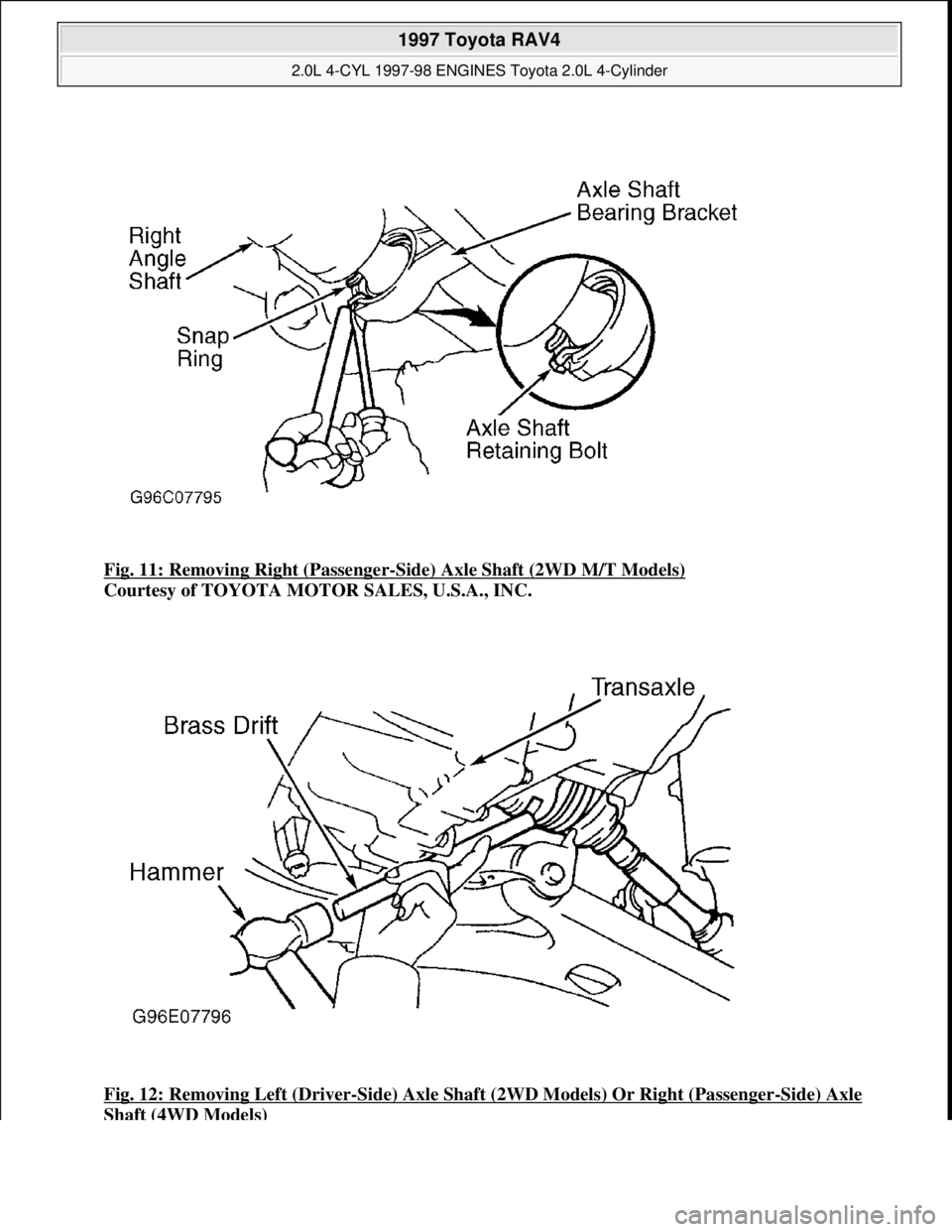 TOYOTA RAV4 1996 Service Repair Manual Fig. 11: Removing Right (Passenger-Side) Axle Shaft (2WD M/T Models)
Courtesy of TOYOTA MOTOR SALES, U.S.A., INC.
Fig. 12: Removing Left (Driver
-Side) Axle Shaft (2WD Models) Or Right (Passenger-Si TOYOTA RAV4 1996 Service Repair Manual Fig. 11: Removing Right (Passenger-Side) Axle Shaft (2WD M/T Models)
Courtesy of TOYOTA MOTOR SALES, U.S.A., INC.
Fig. 12: Removing Left (Driver
-Side) Axle Shaft (2WD Models) Or Right (Passenger-Si